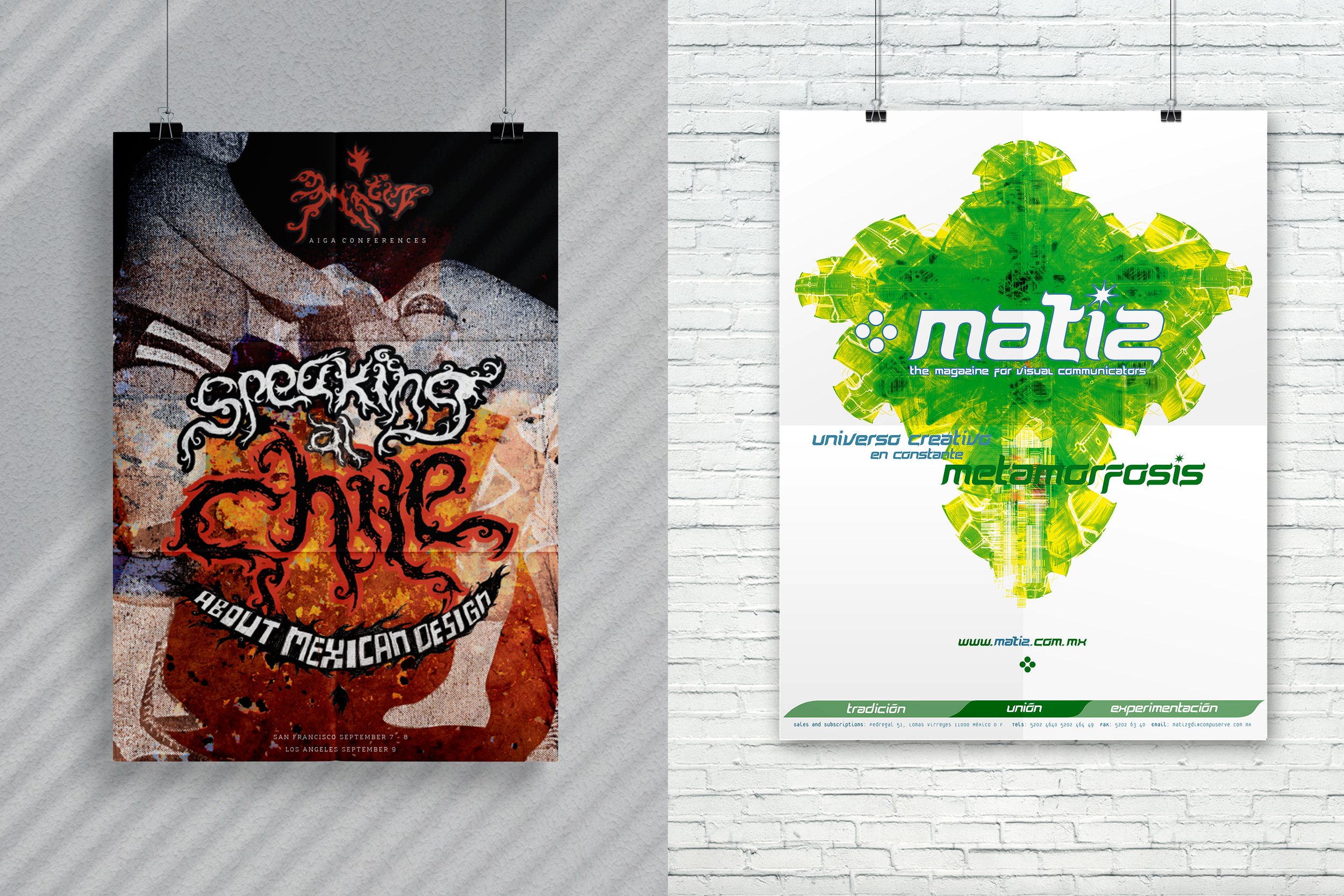 Izquierda: Póster para conferencias Matiz en AIGA Los Angeles y San Francisco.
Derecha: Póster para conferencias Matiz en ICOGRADA, Australia.