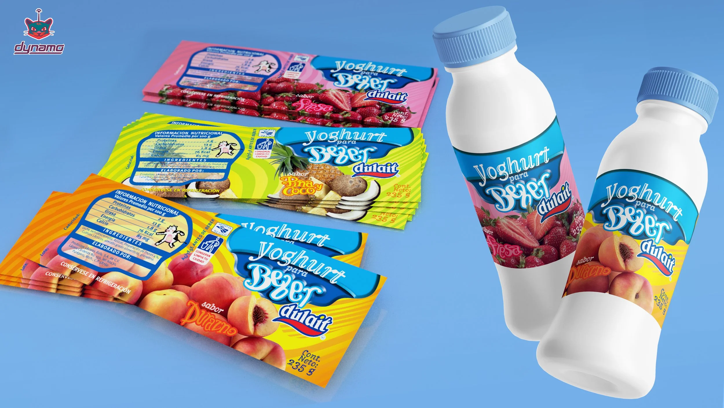 Etiquetas de papel plastificado en selección de color CMYK para empaques de yoghurt Dulait.