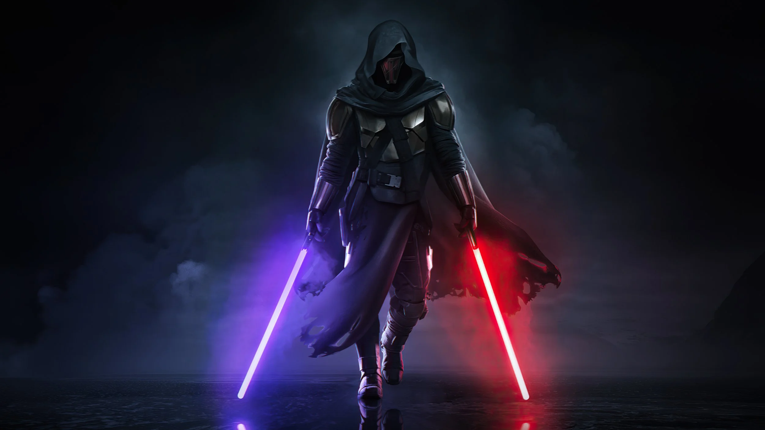 A dark, Stormtrooper-like figure with a hood and a mask, holding a red lightsaber in one hand and a purple lightsaber in the other, standing on water with stormy clouds in the background.