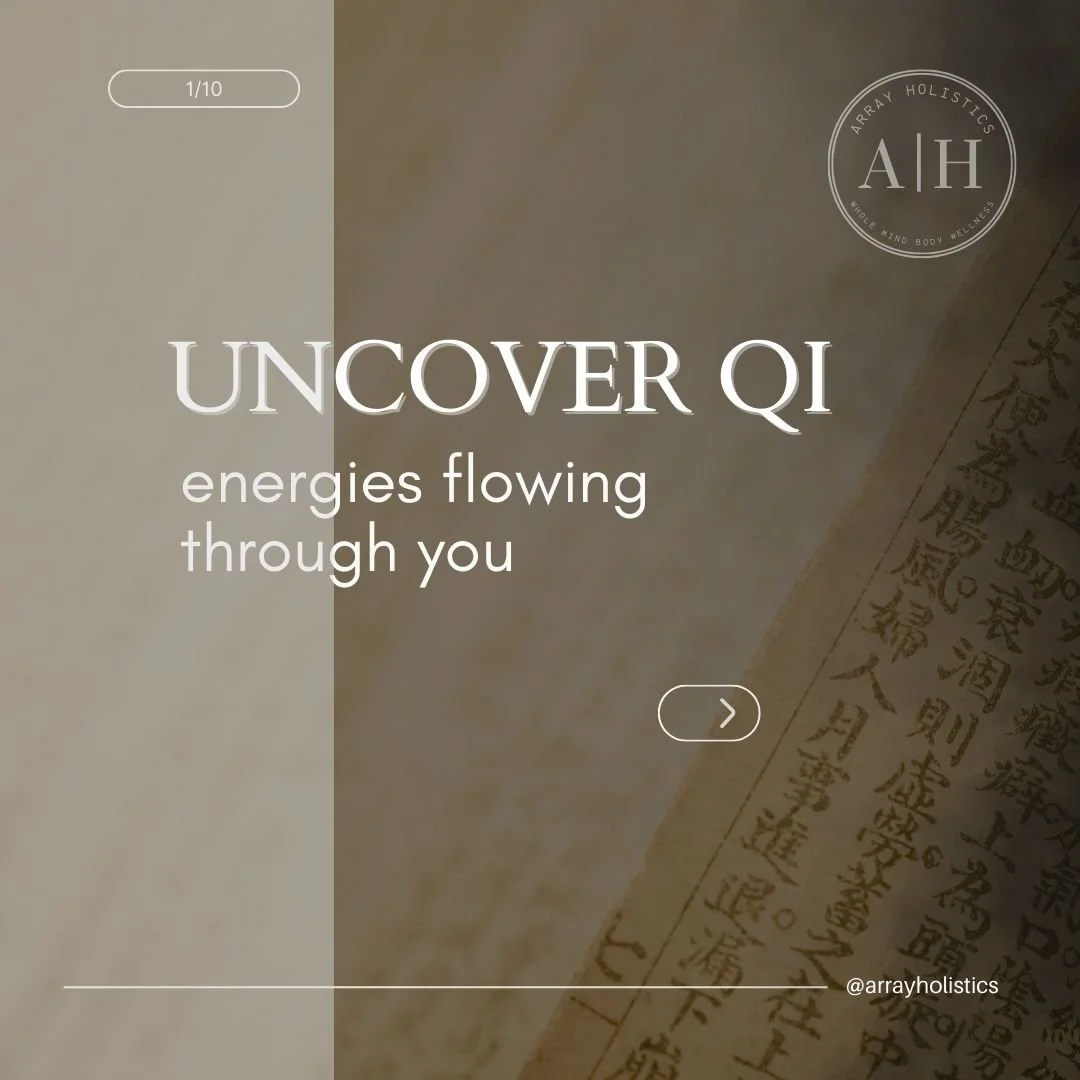 Your body holds different types of Qi-(energy), each with a specific job in keeping you healthy, energized, and in flow.

In Traditional Chinese Medicine, illness often begins when Qi is blocked, deficient, or attacked.
This very condensed and oversi