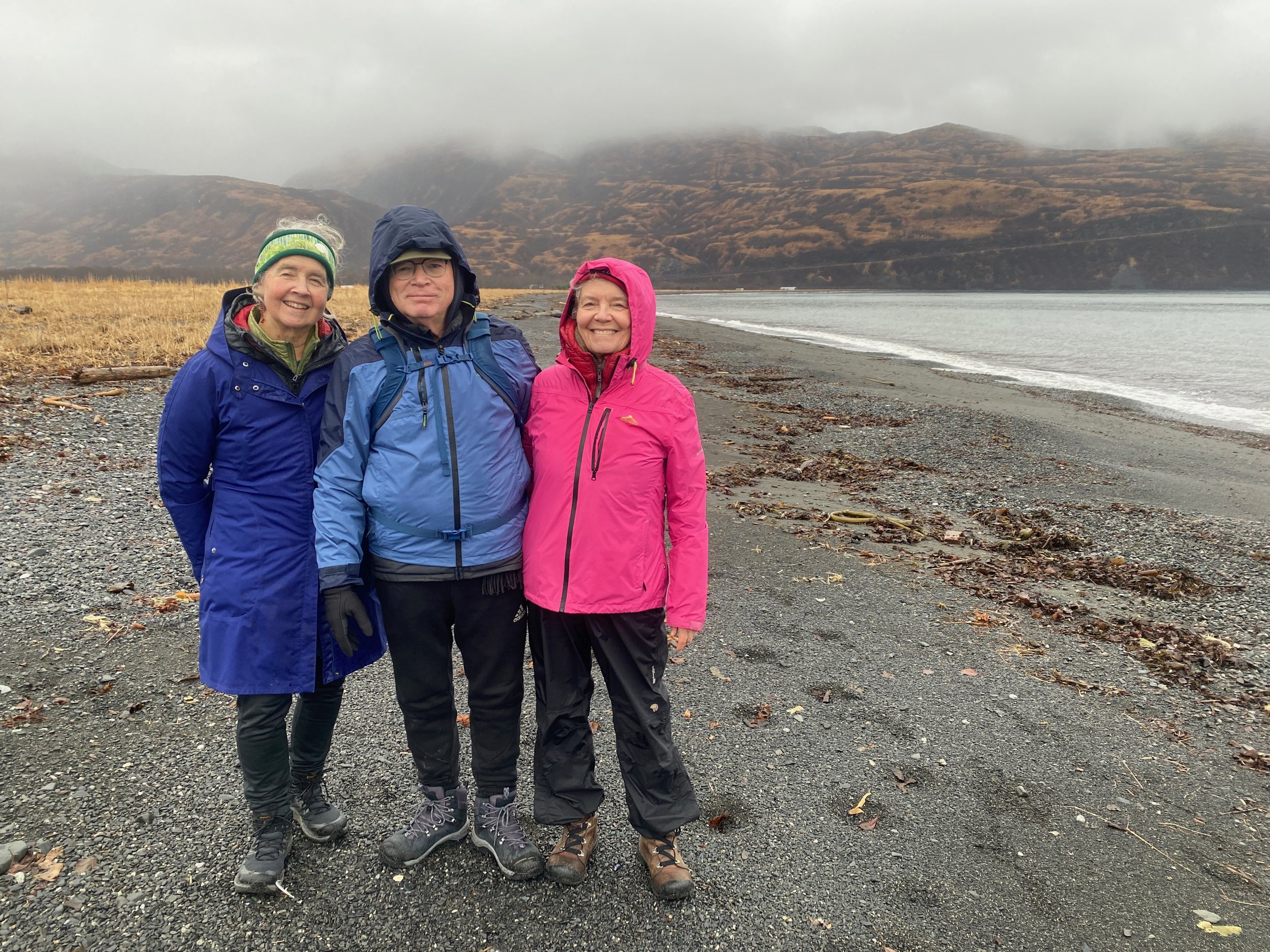 Carol, Jay, and Ann on a typical rainy Kodiak hike