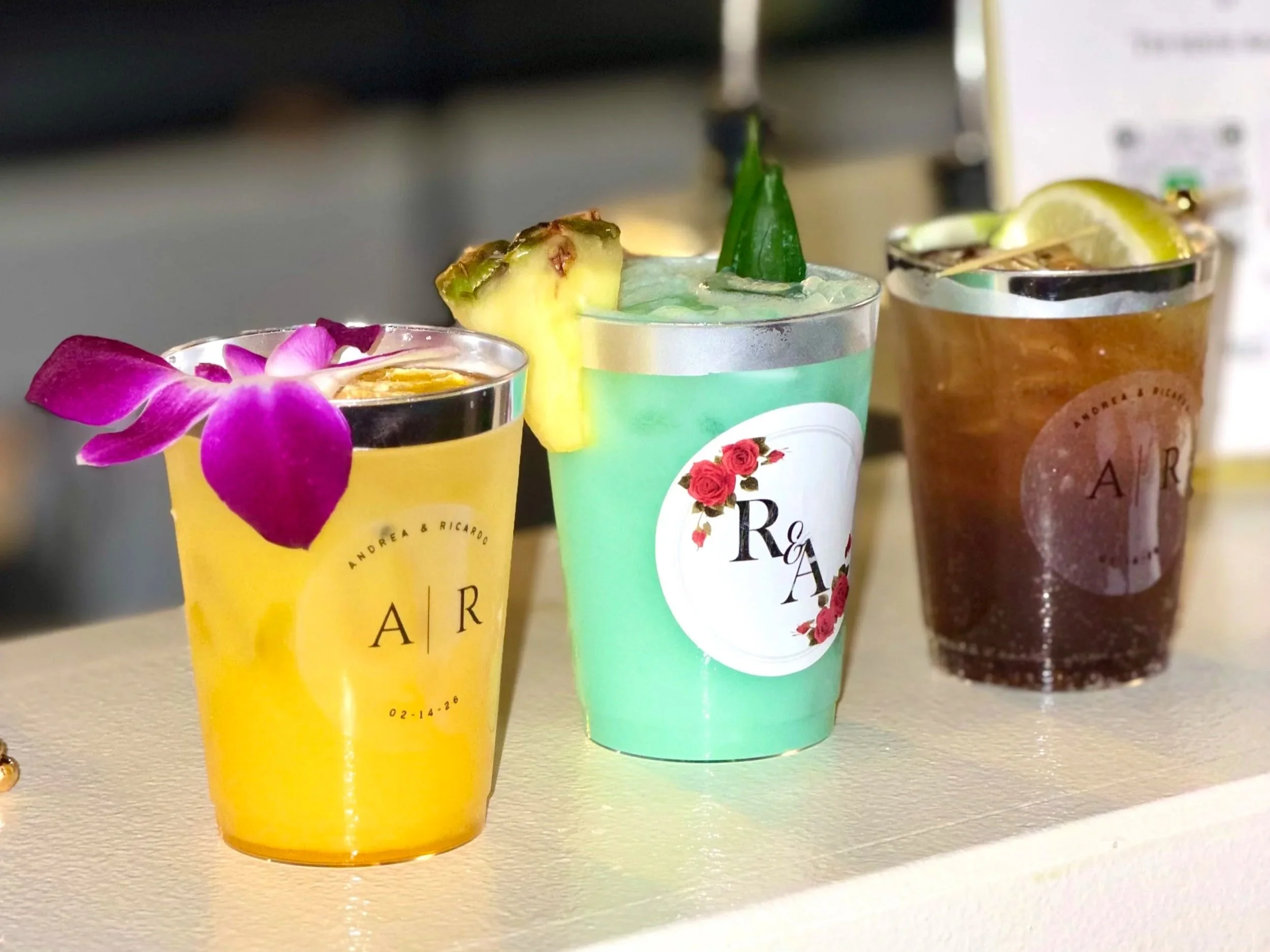 Sophisticated Signature cocktails displaying in a wedding with its garnishes