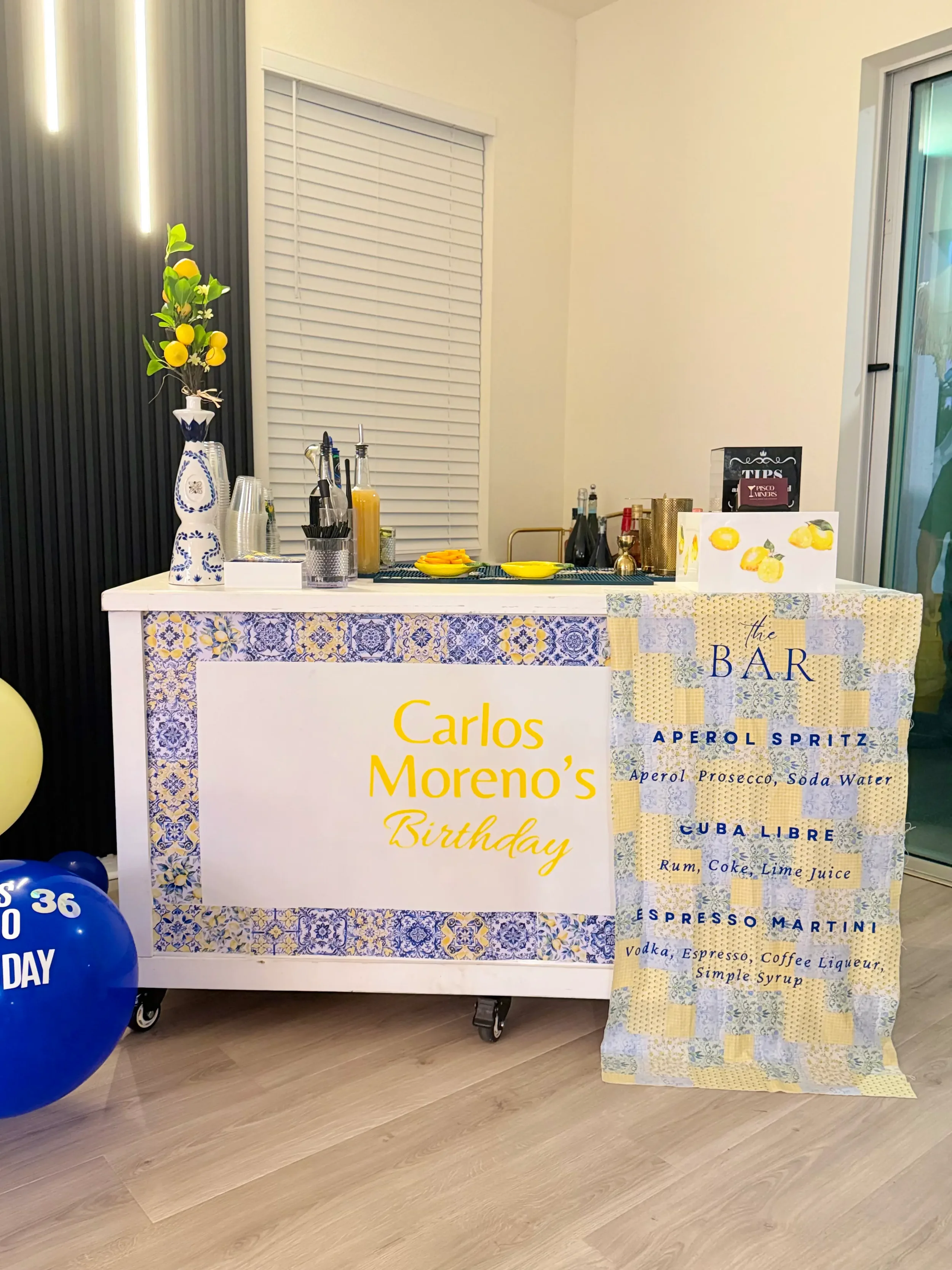 Luxury Amalfi Coast-inspired birthday bar featuring custom signature cocktails, a linen drink menu, and an elegant mobile bar setup designed by Pisco Mixers.