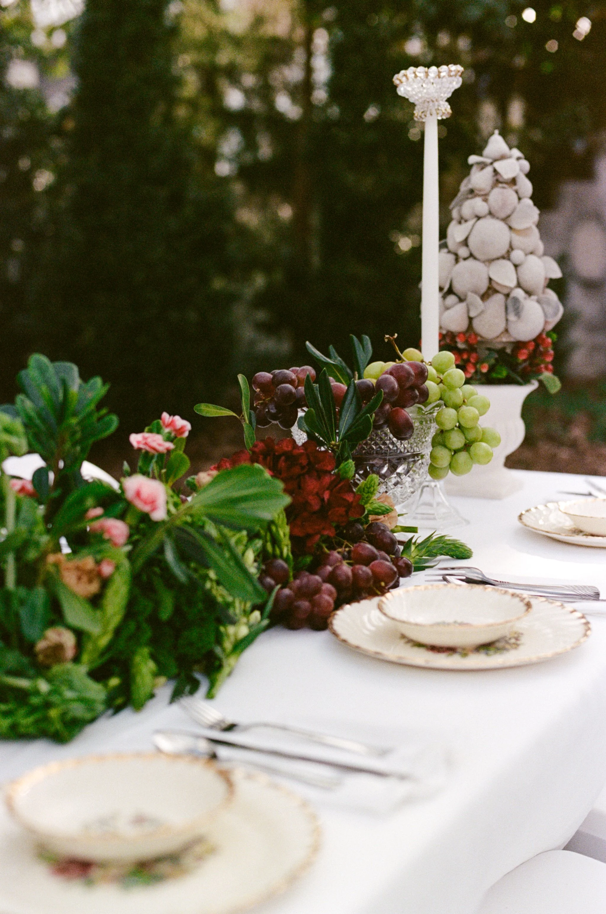 A table decorated with grapes, flowers, and a candle holder, set for a meal outdoors.