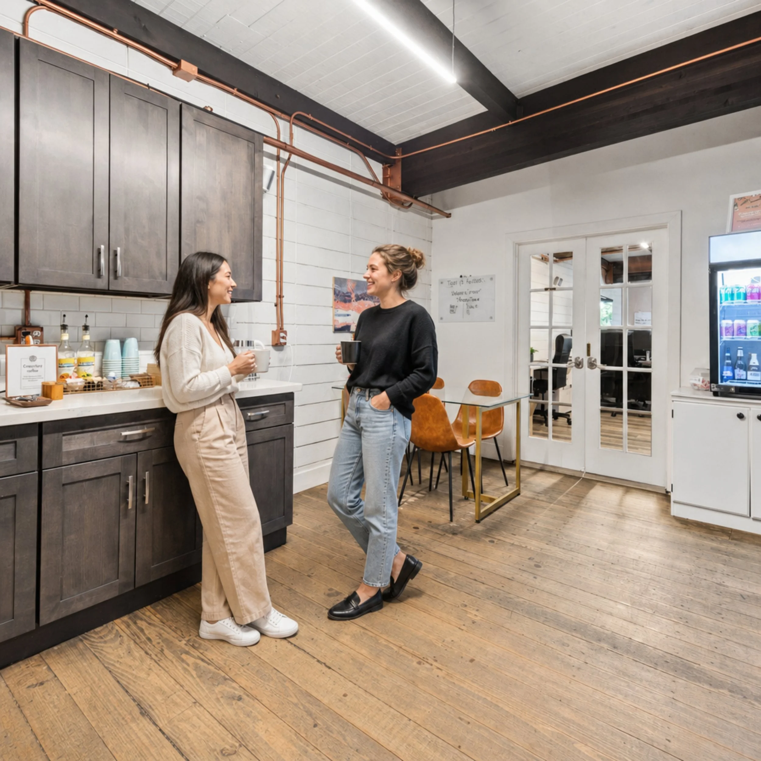 two women enjoying a chat in the kitchen of Nine3One coworking kitchen over coffee