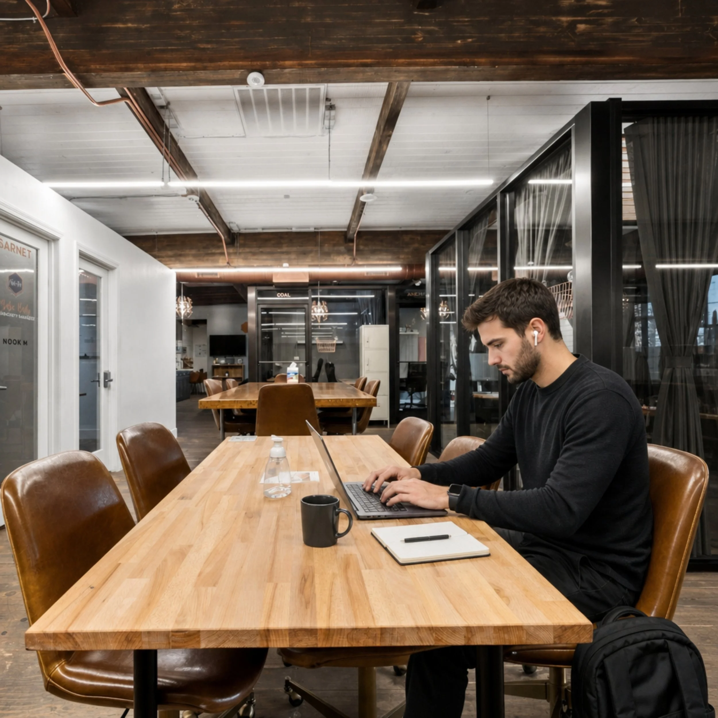 A man having a productive workday at Nine3One in the shared workspace