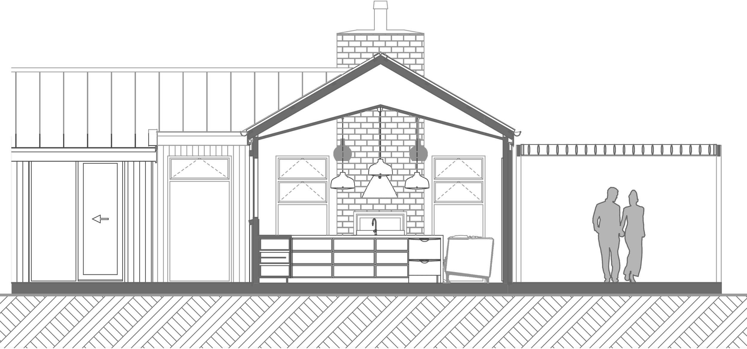 Architectural cross section drawing showing the structure and roof form of the rural home
