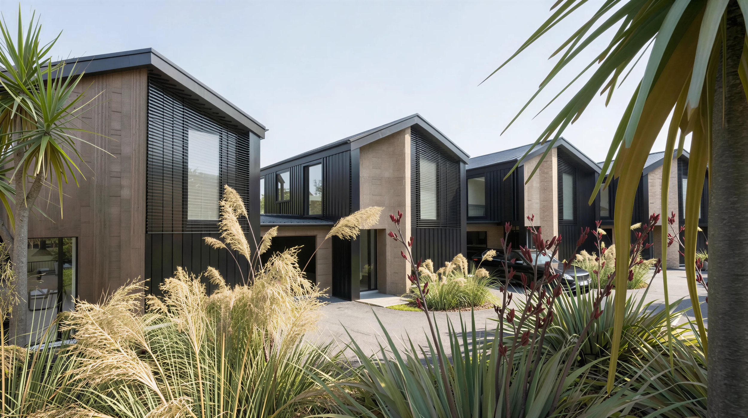 Dark clad medium density townhouses by Smart Living Spaces on a Hamilton gully site, with native planting