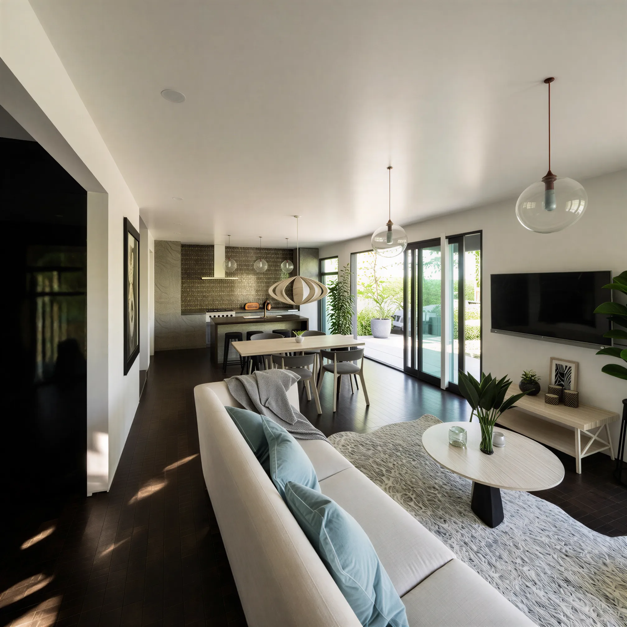 Open plan kitchen and living with dark cabinetry and glazing in a light filled infill home
