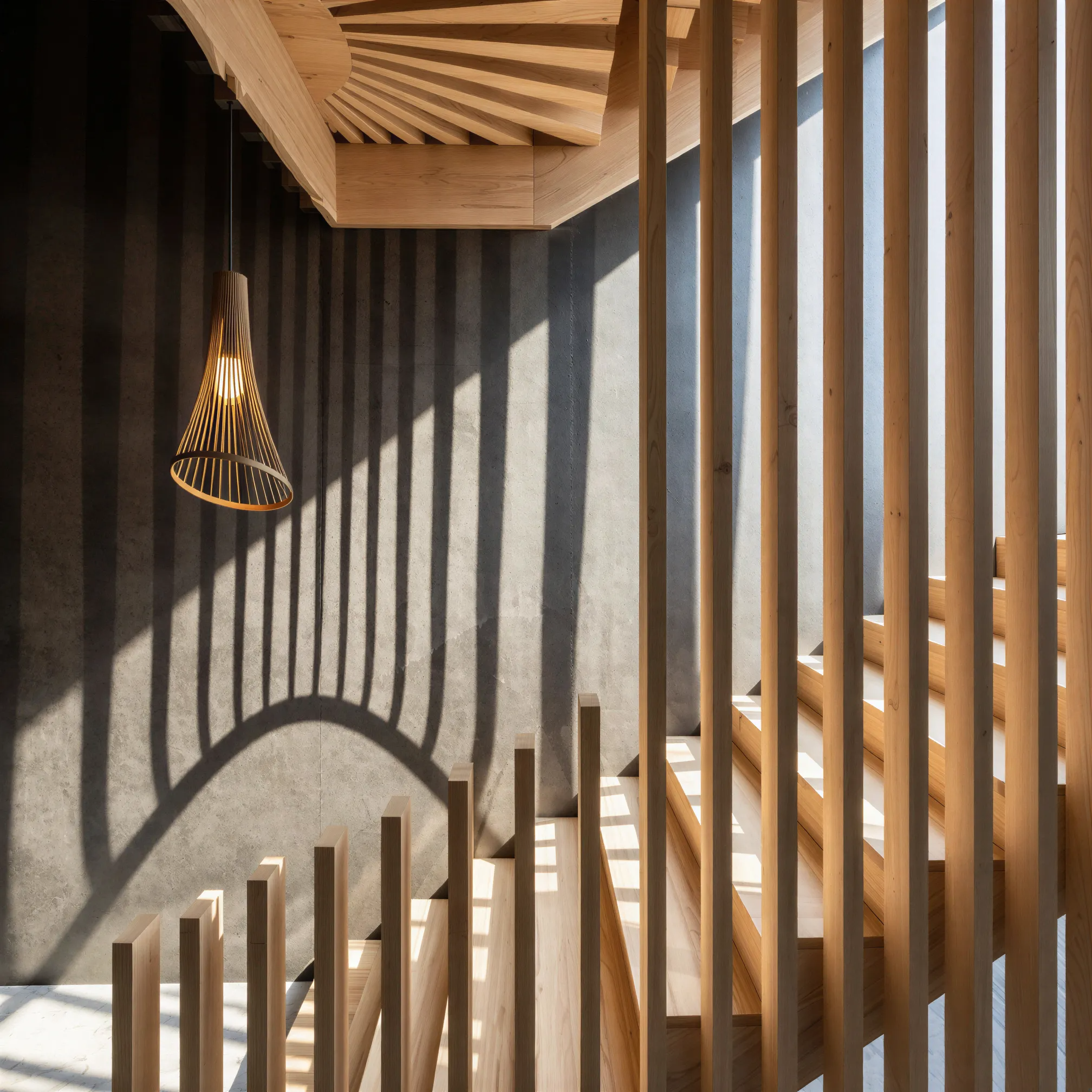 Warm timber balustrade detail inside a vertical medium density coastal home in Tairua
