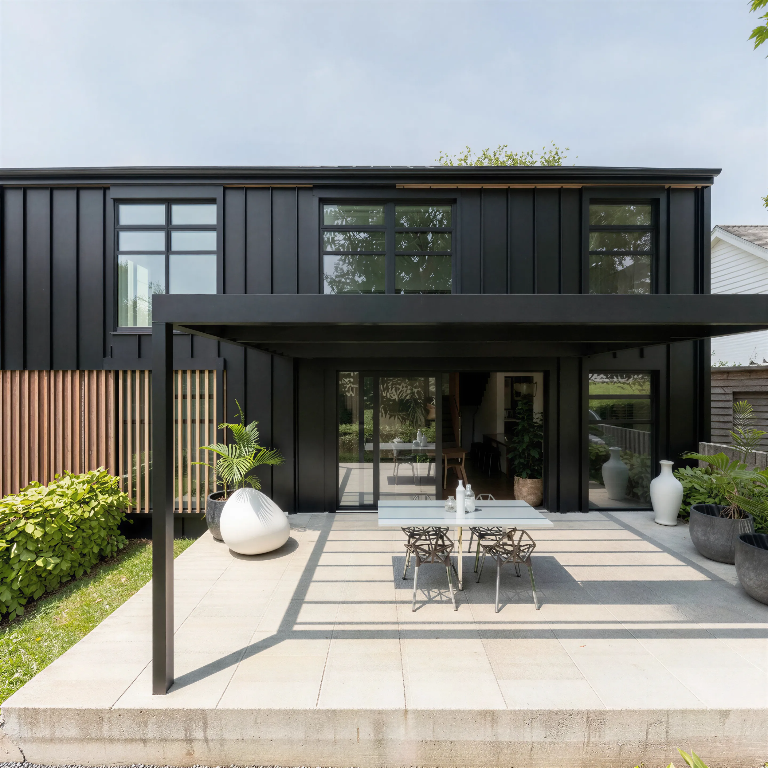 Angled view of a suburban infill duplex showing dark cladding, glazing and a paved entry courtyard
