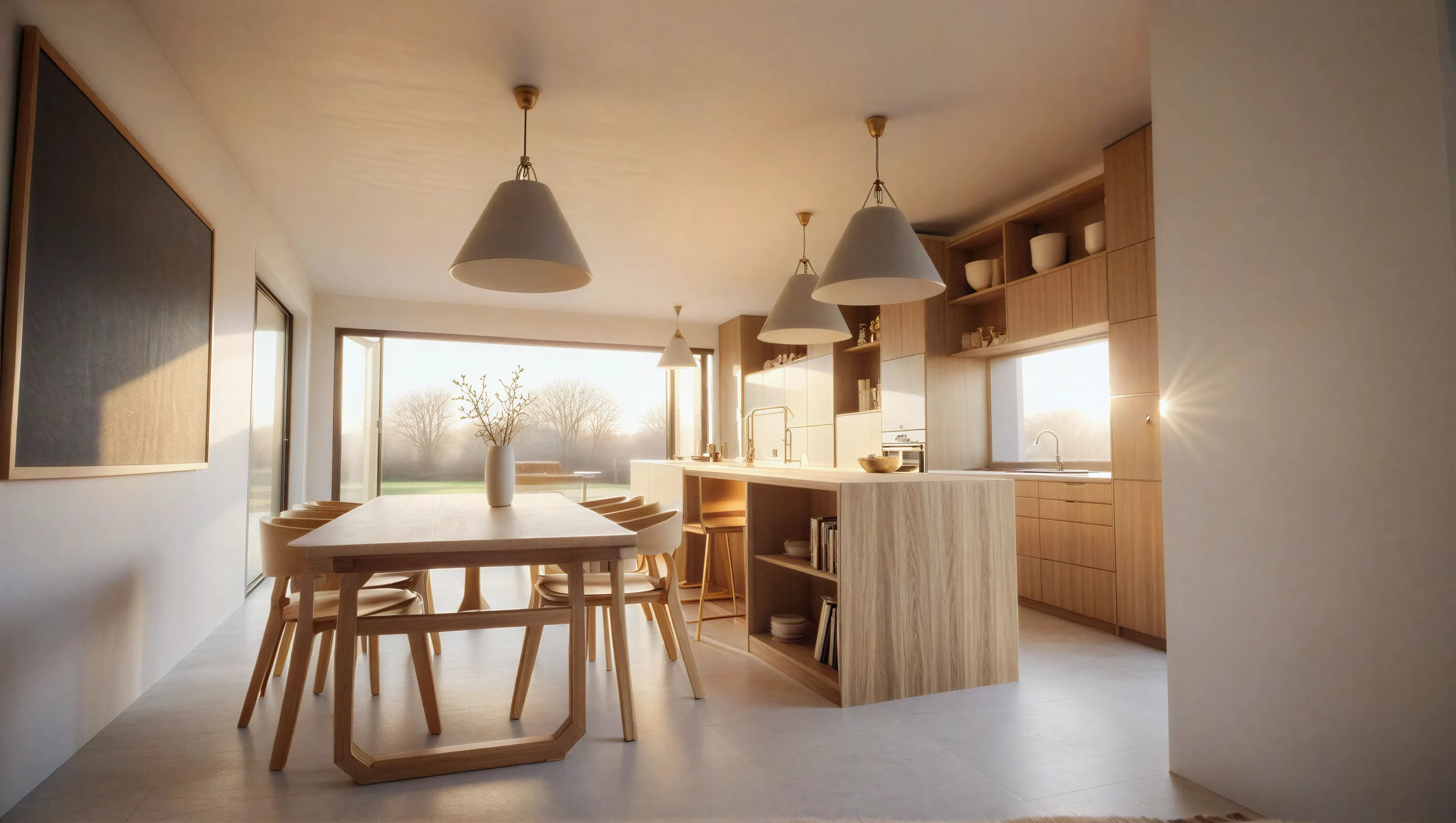 Open plan kitchen and dining in a medium density townhouse, with timber floors and pendant lighting