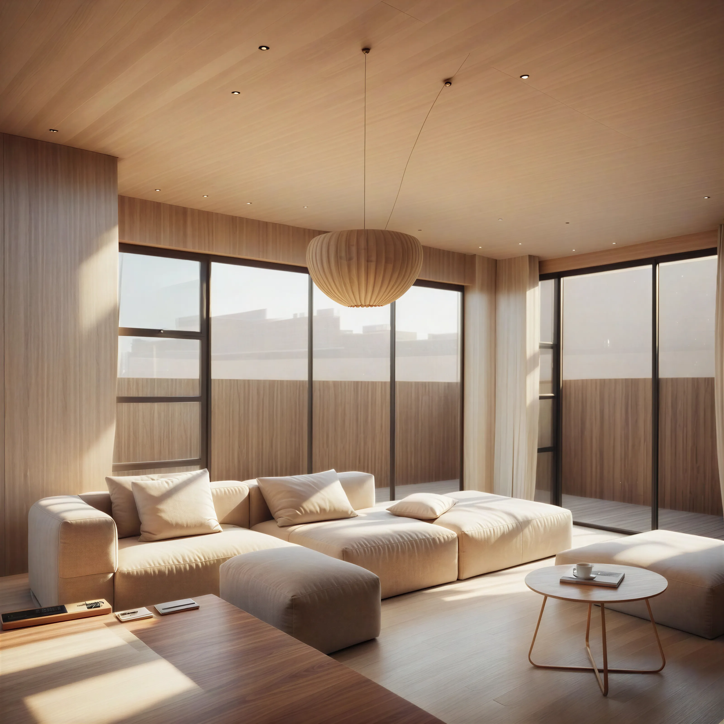 Warm timber lined living room with a sectional sofa and full height glazing framing the coastal outlook in a Tairua home
