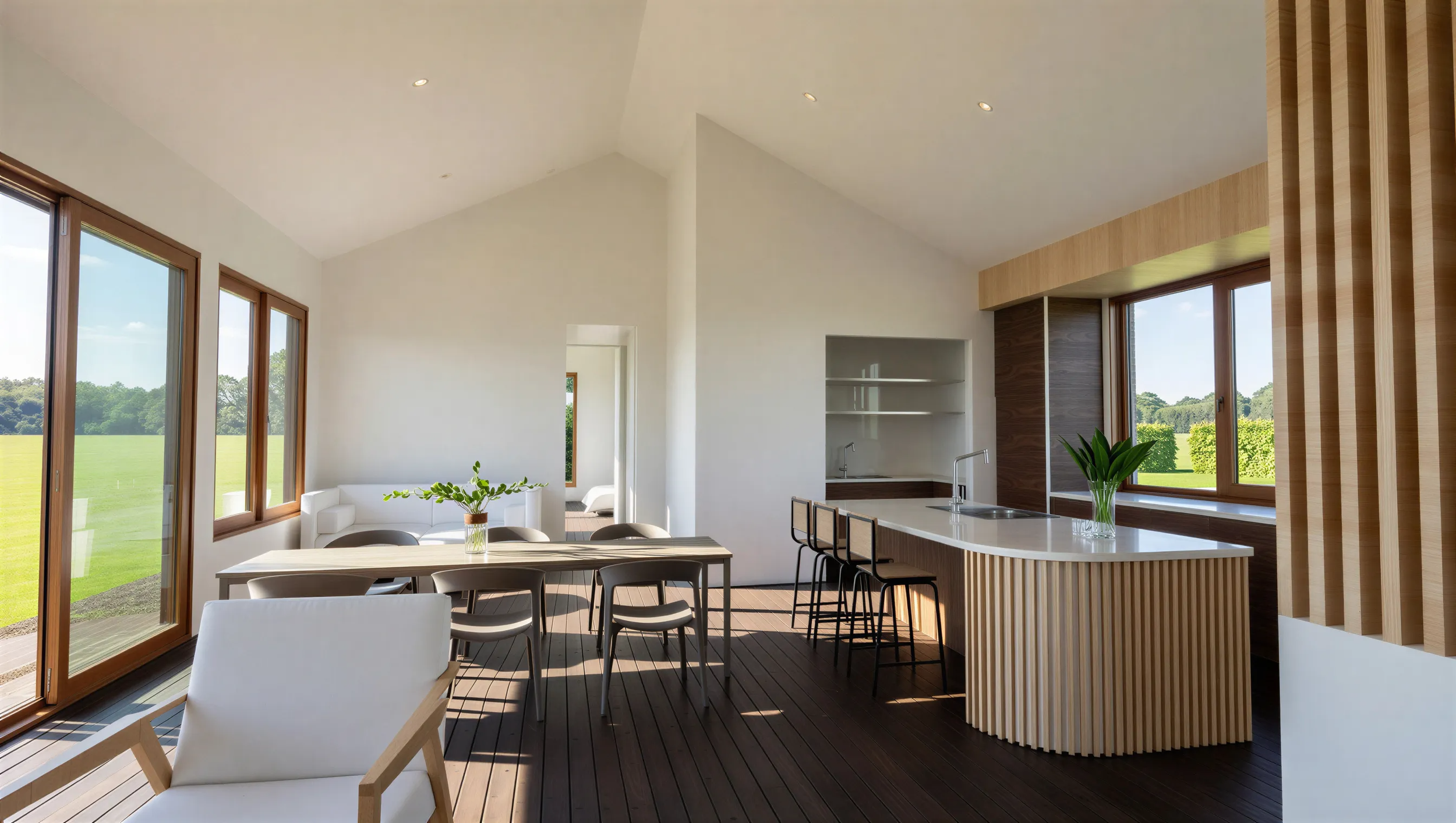 Open plan living and dining with vaulted ceiling and full height glazing in a sustainable Waikato home

