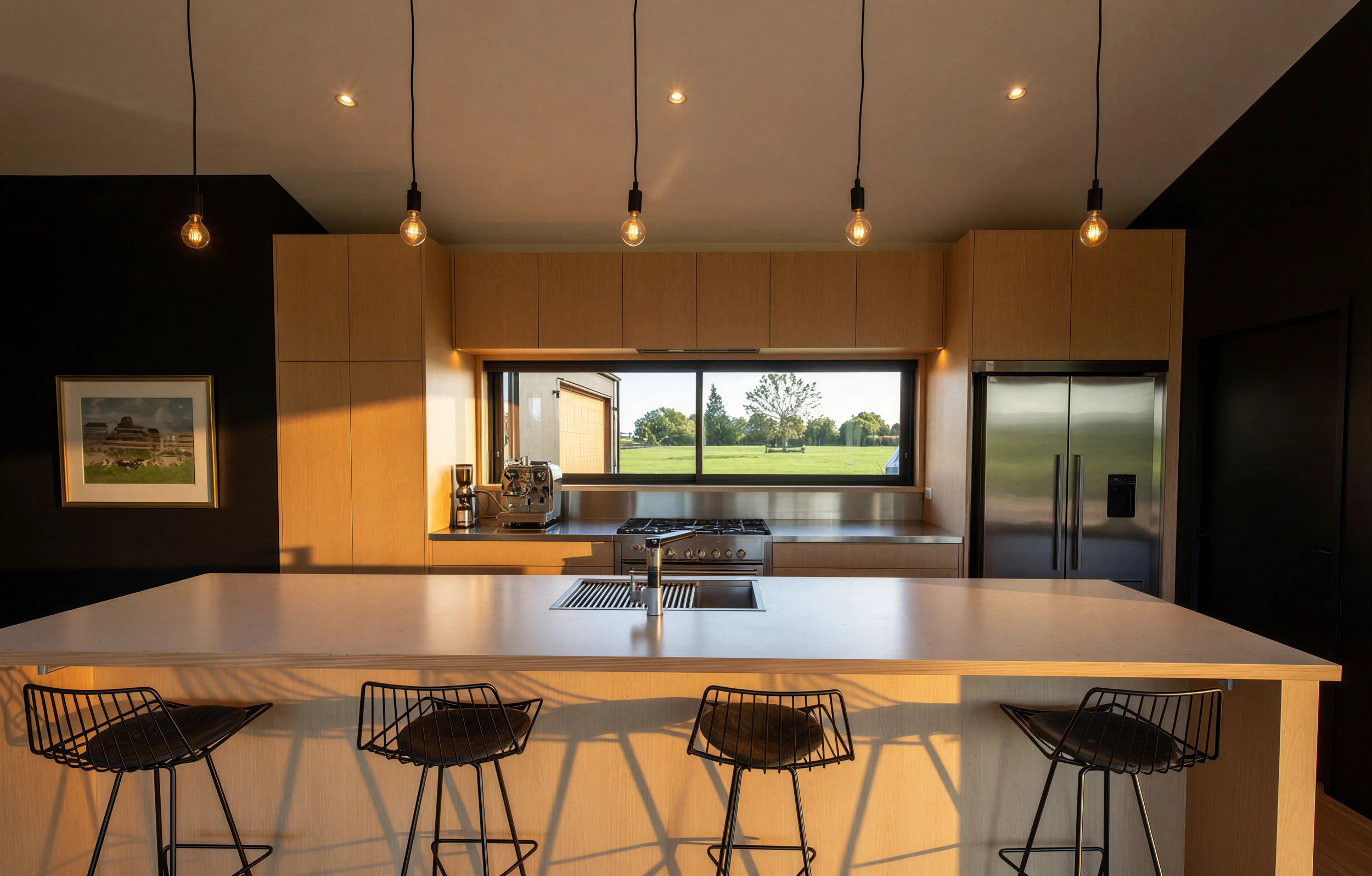 Interior, open-plan kitchen and dining with glazing to the landscape
