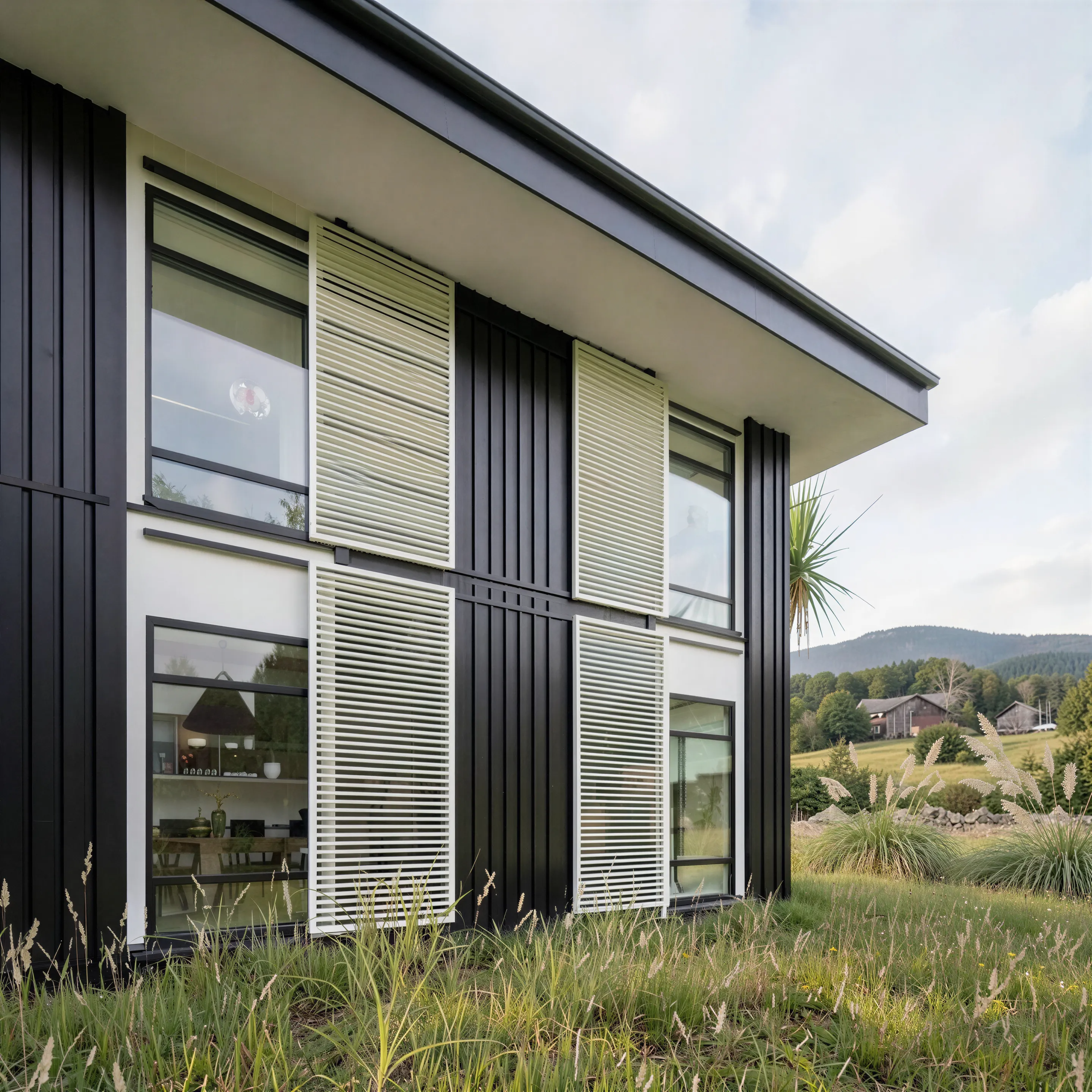 Exterior, closer corner view showing the dark cladding, glazing and rural backdrop
