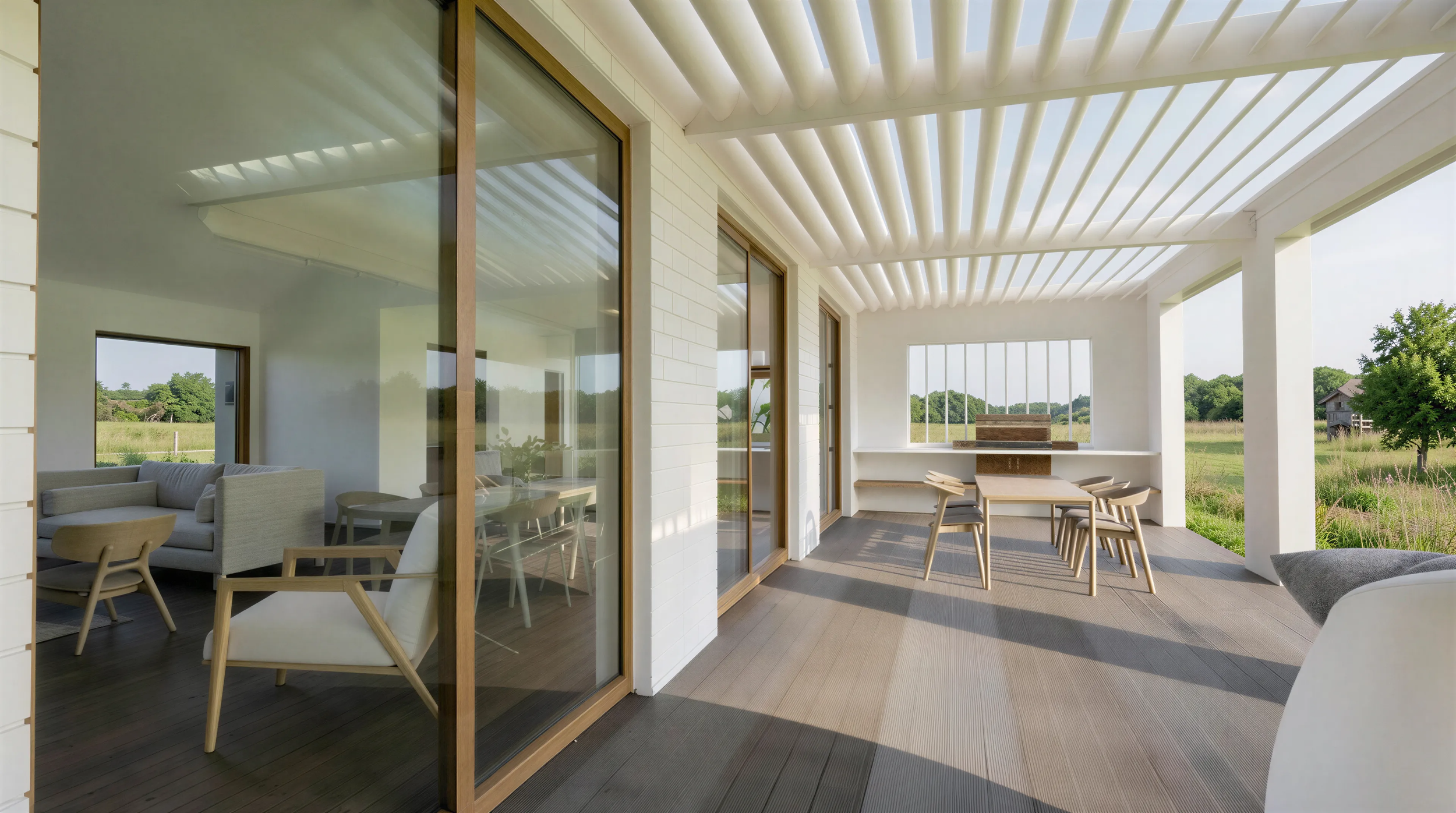 Covered outdoor living area with timber louvre roof and glazed sliders in a Homestar 8 Waikato home