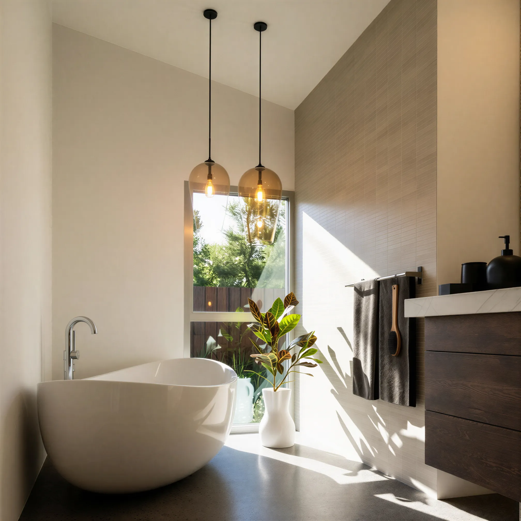Renovated bathroom with freestanding tub and pendant lighting in a modernised gully house
