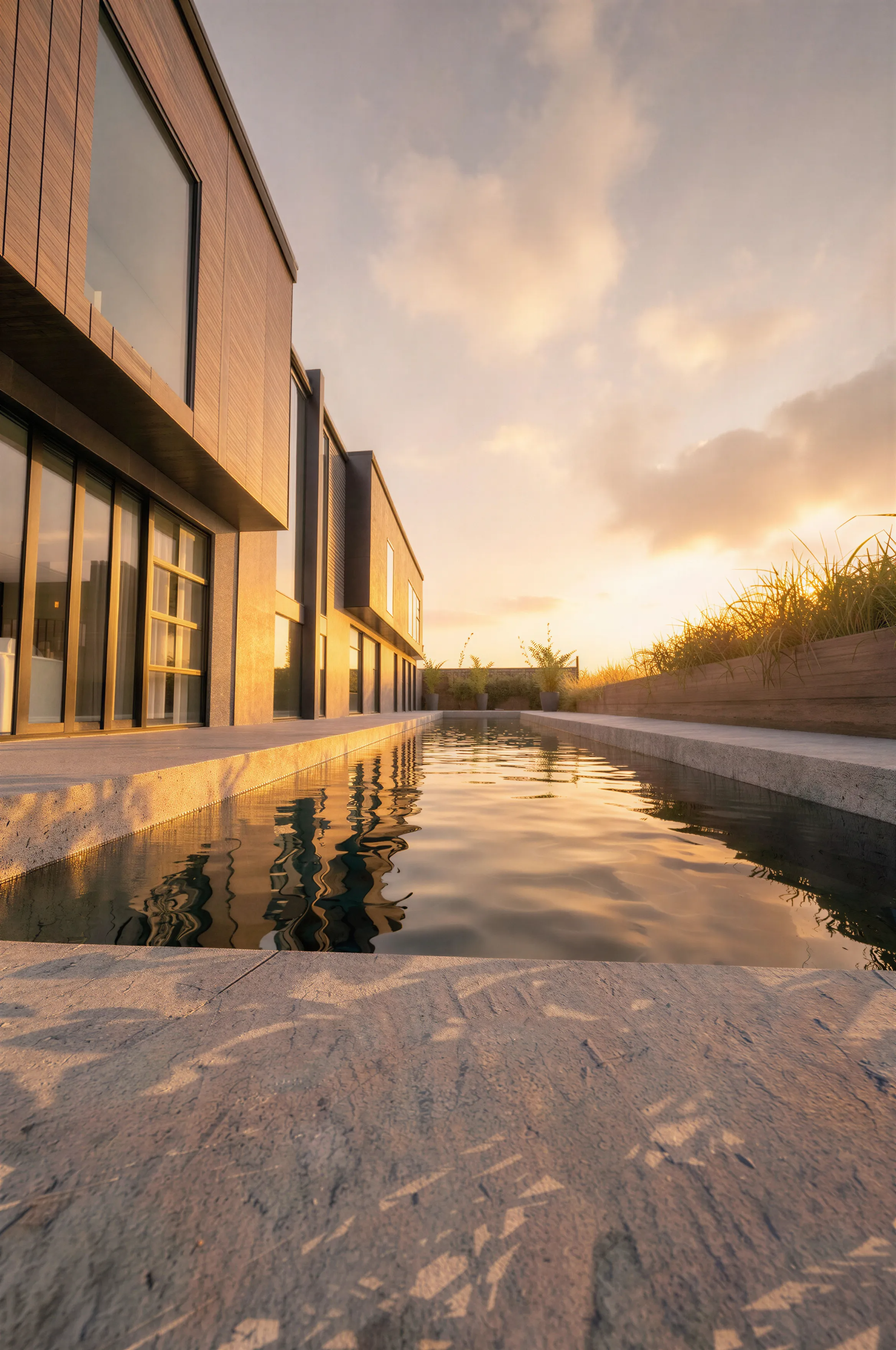 Dusk view of a modern Tairua bach reflected in the estuary with warm interior lighting
