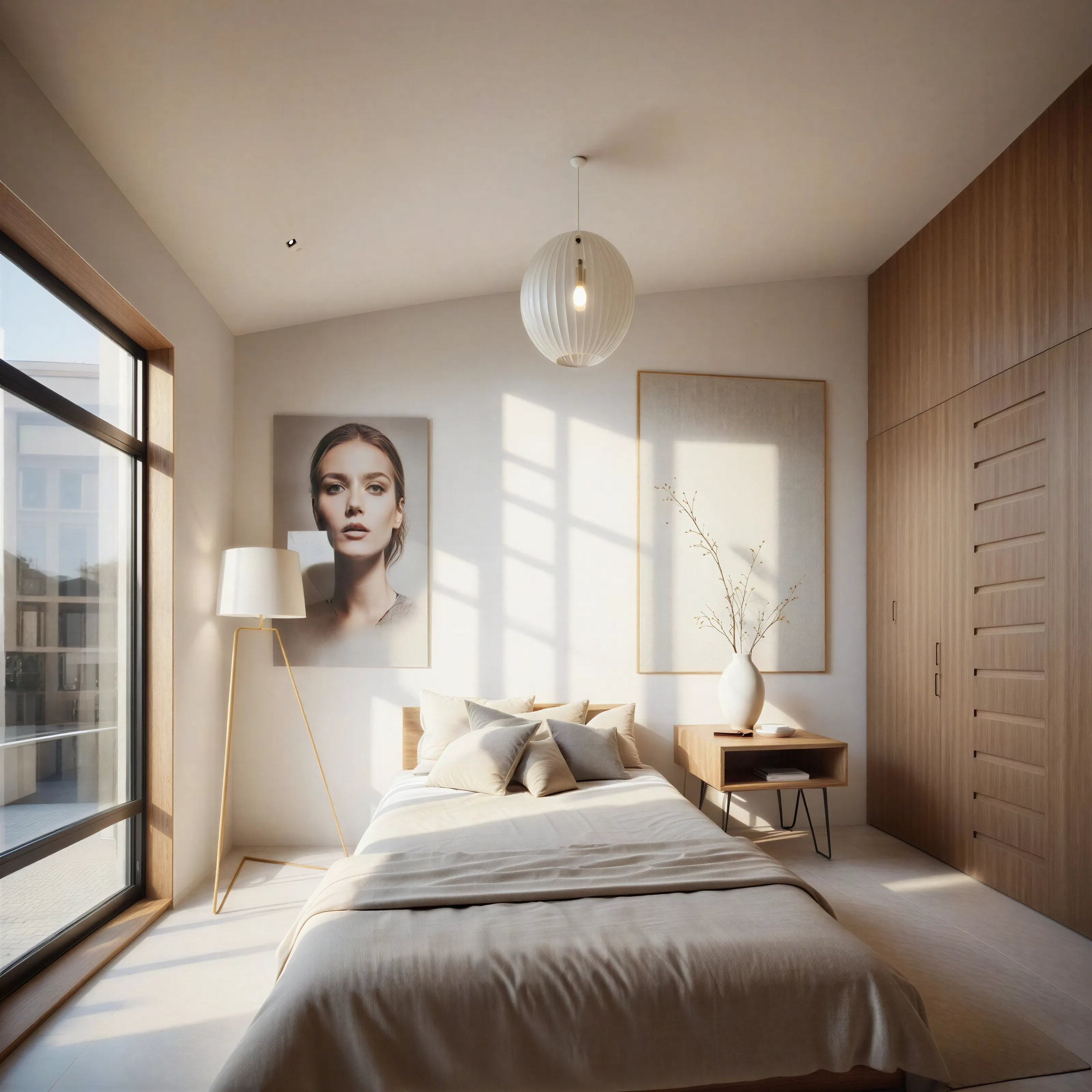 Interior, bedroom with soft neutral tones and pendant light
