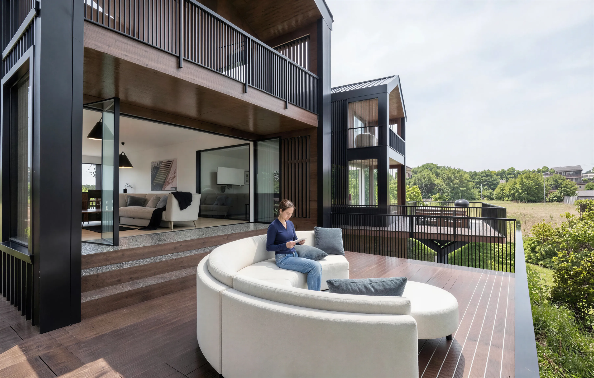 Living area with double height glazing framing gully views in a Passive House inspired townhouse