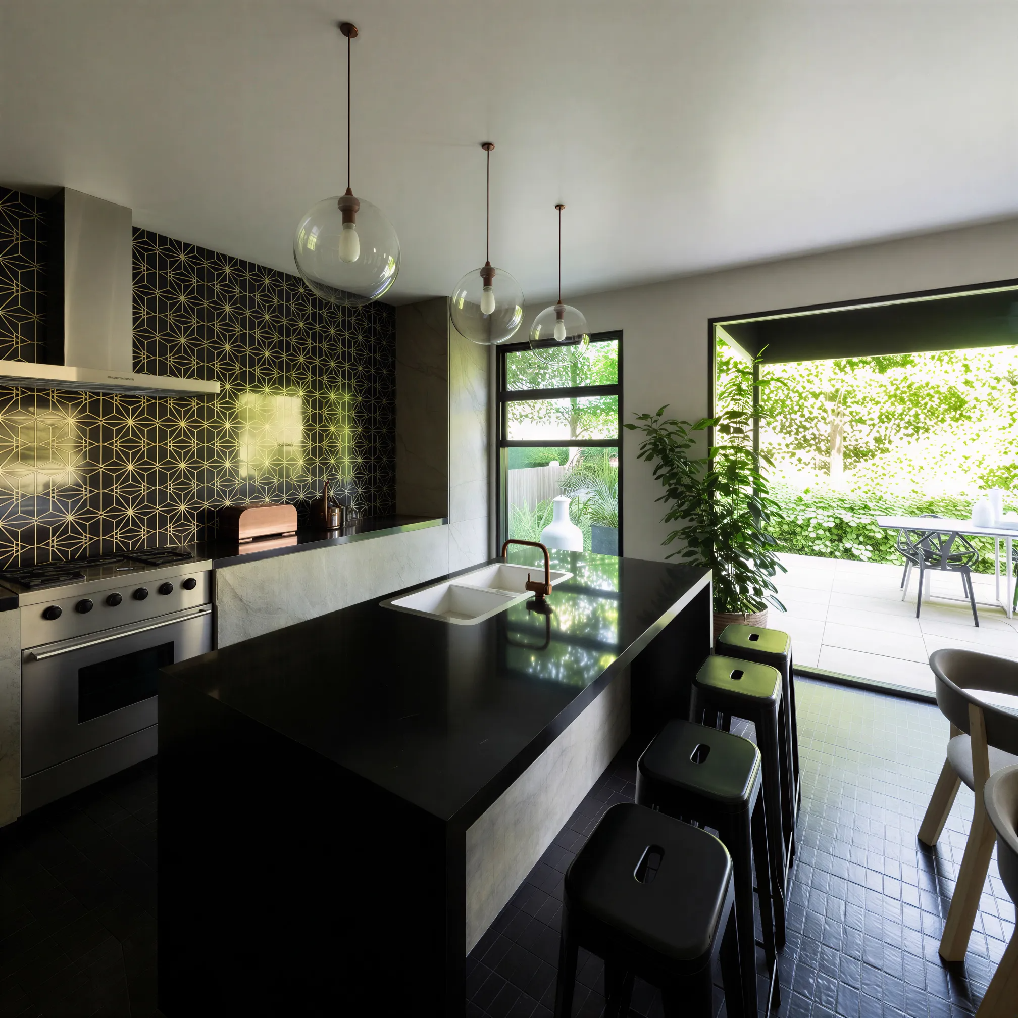 Kitchen and dining opening to greenery through large glazing in a densified suburban duplex
