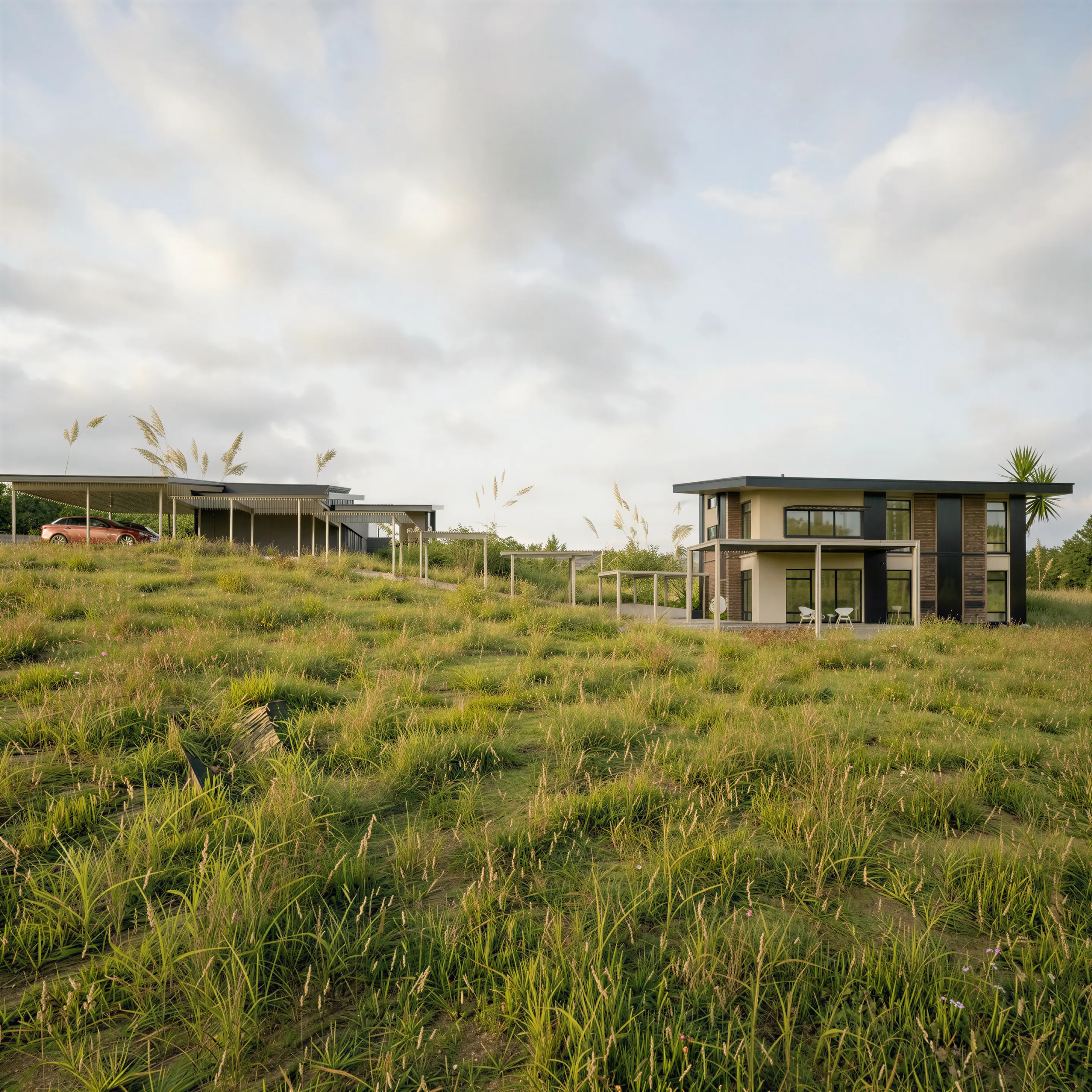 Exterior, wider landscape view with the home nestled in rolling grassland