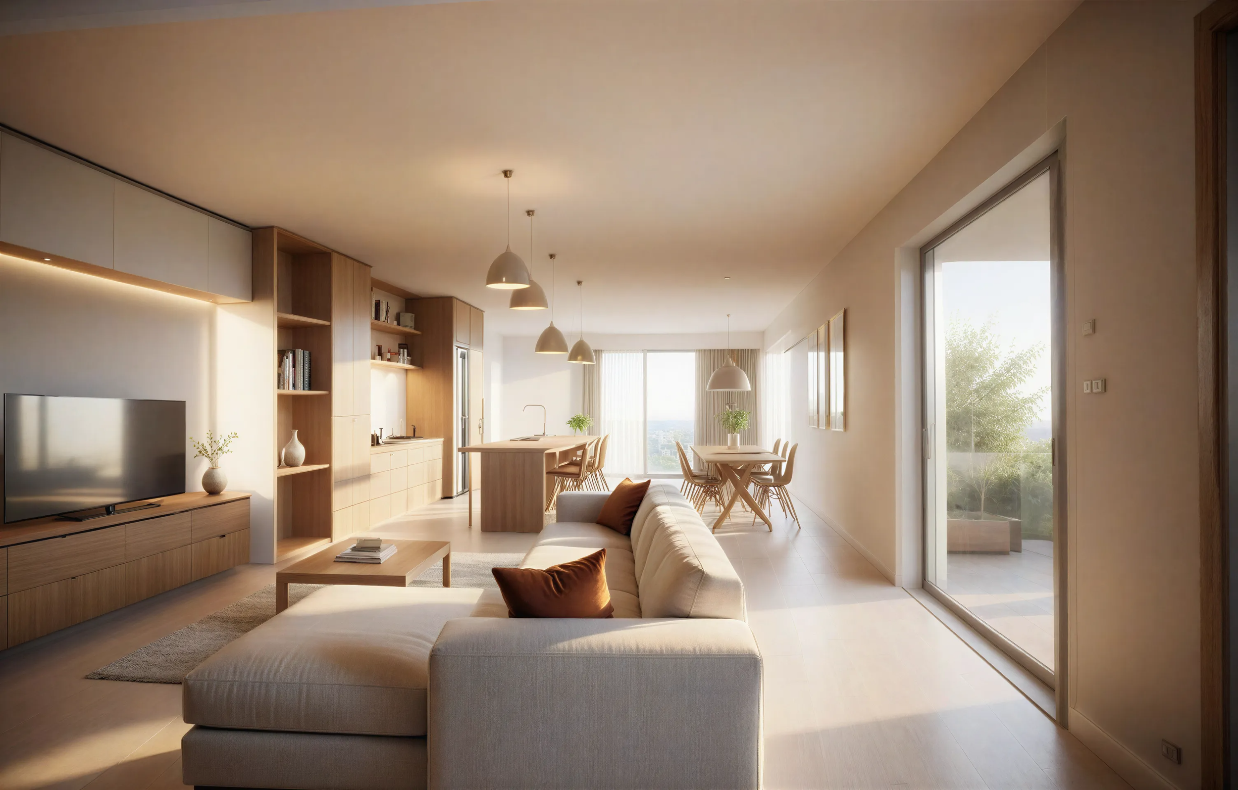 Warm neutral lounge interior in a compact urban townhouse designed for professionals and downsizers