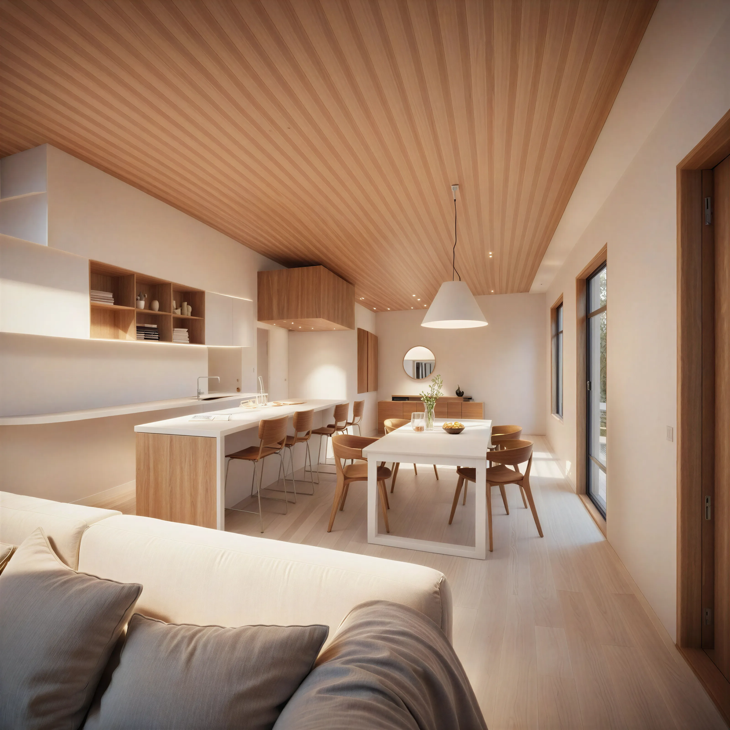 Interior, warm cedar-lined living or gallery space with natural light

