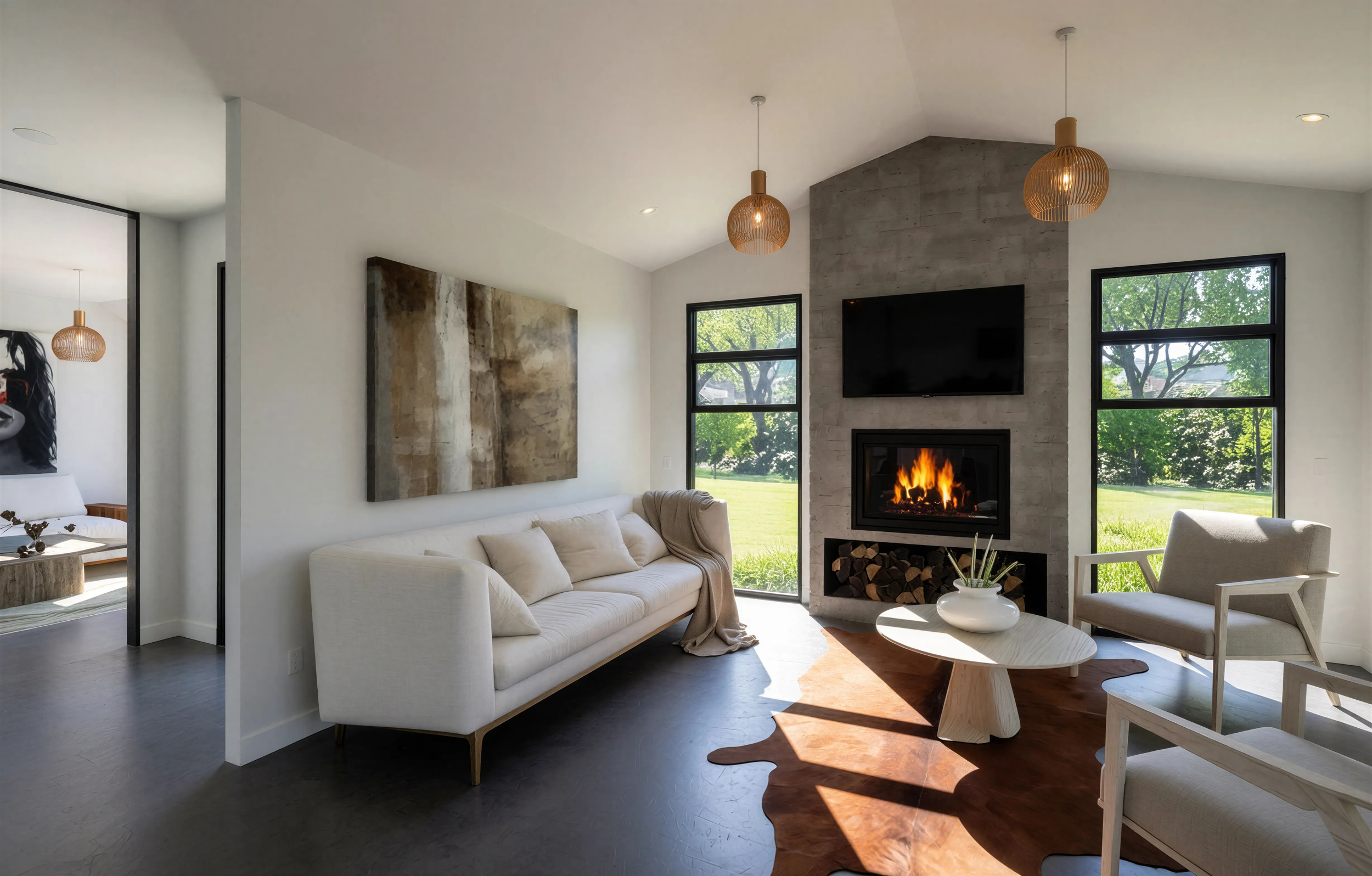 Warm living area with fireplace and glazing to the rural outlook in a Mangataparu lifestyle home
