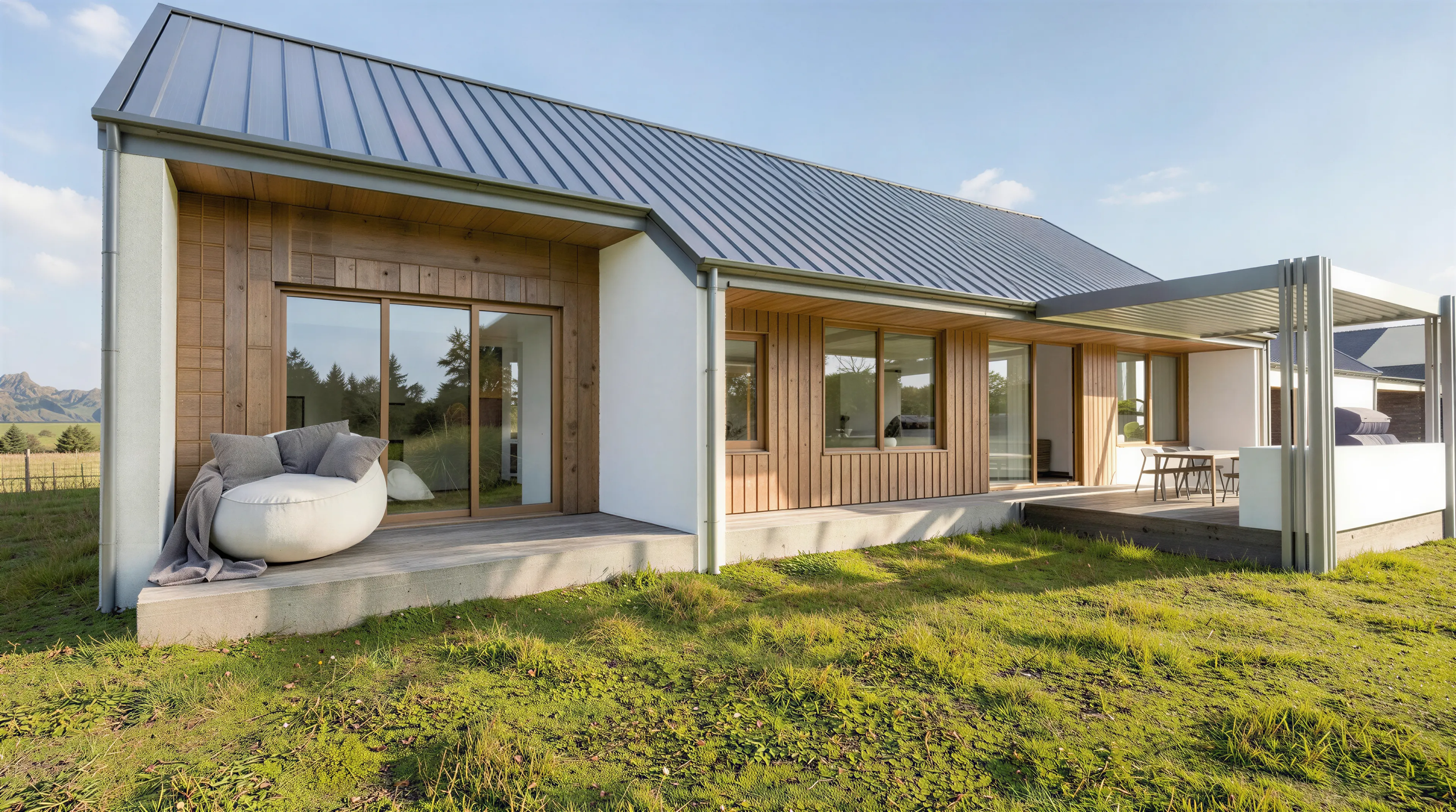 Single storey Homestar 8 rural home with gabled roof and pergola, built with SIPs in the Waikato
