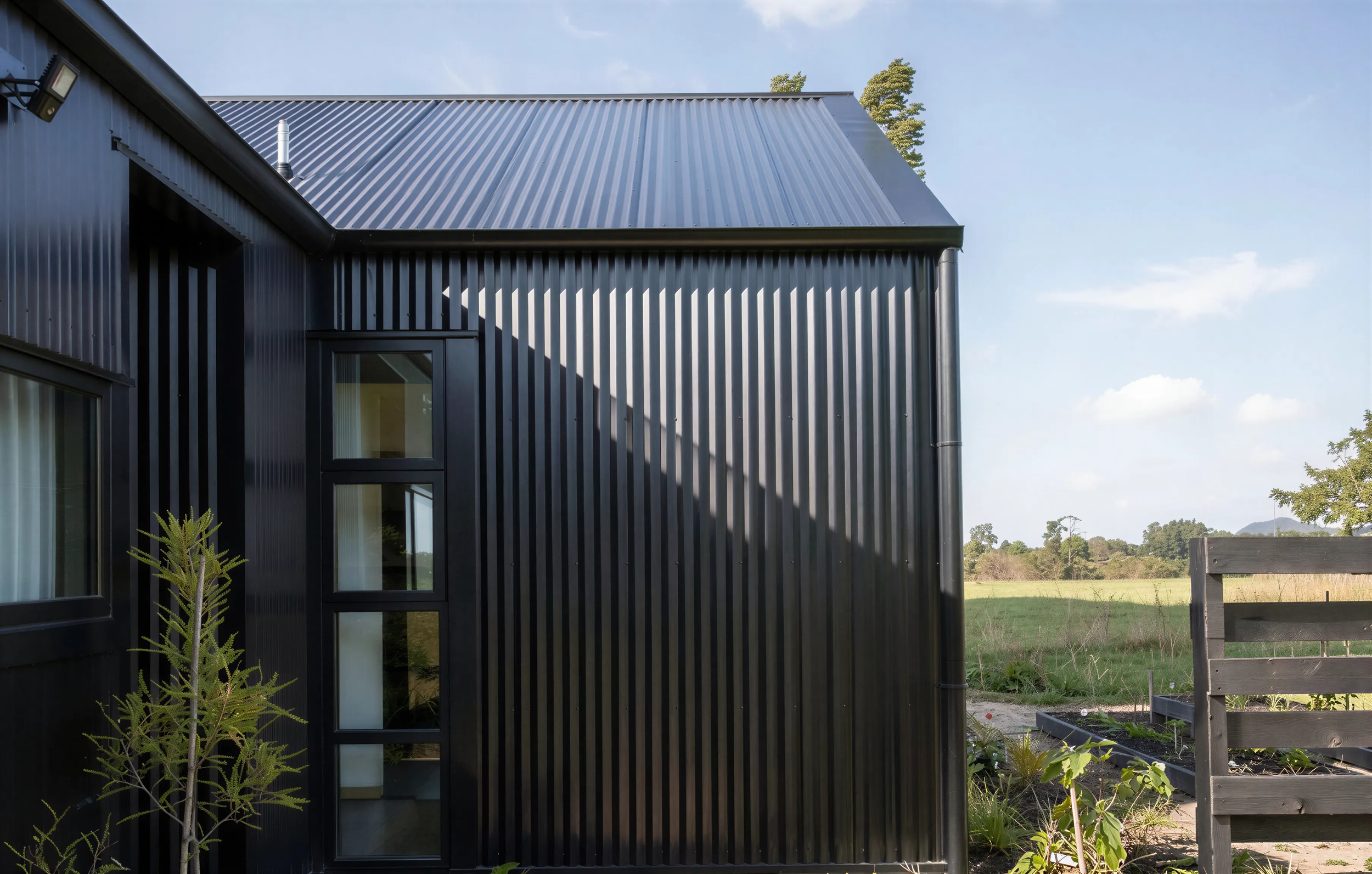 Exterior, dark vertical metal-clad form under a dramatic sky
