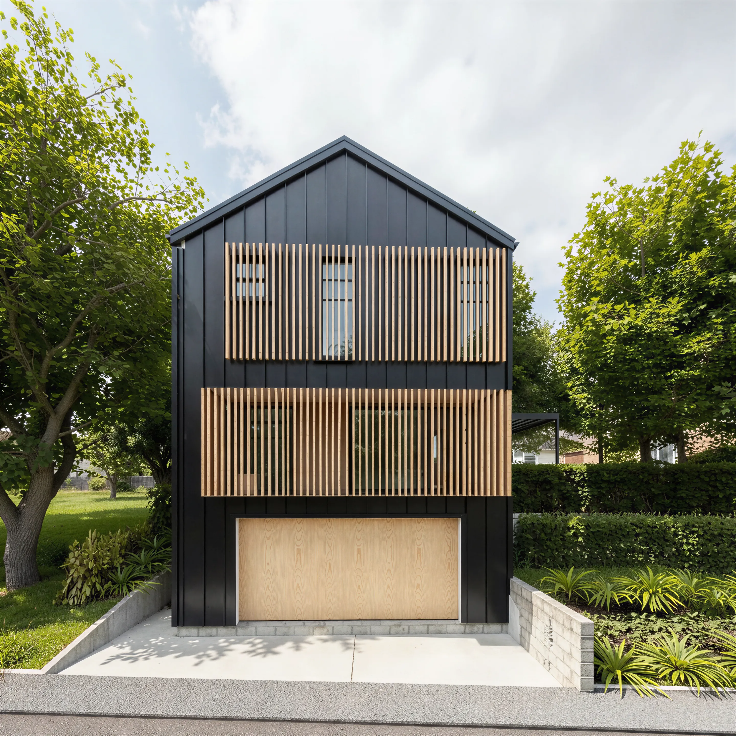 Two storey dark clad urban duplex with timber accents and integrated garage on a suburban infill site

