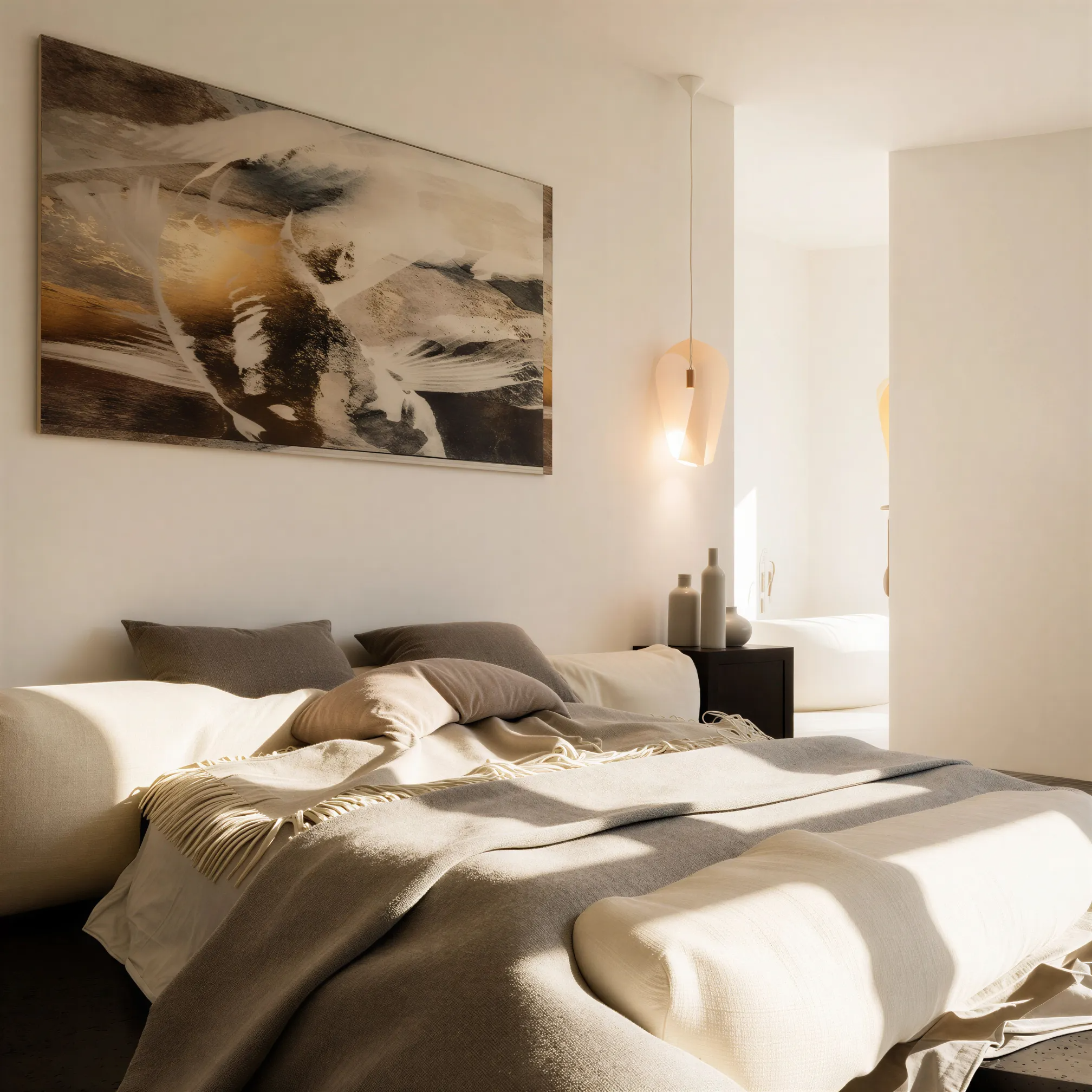 Restful bedroom with soft neutral tones and natural light in a sensitively renovated character home

