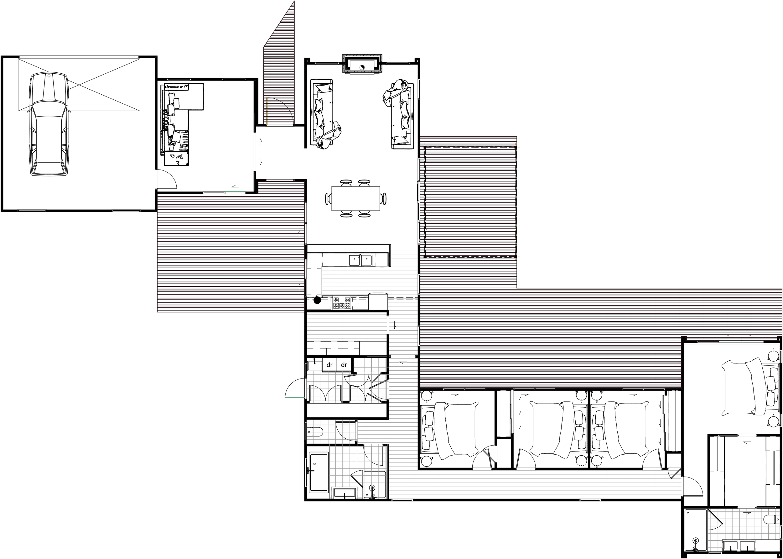 Architectural floor plan showing the open plan living, three bedrooms and separate lounge layout

