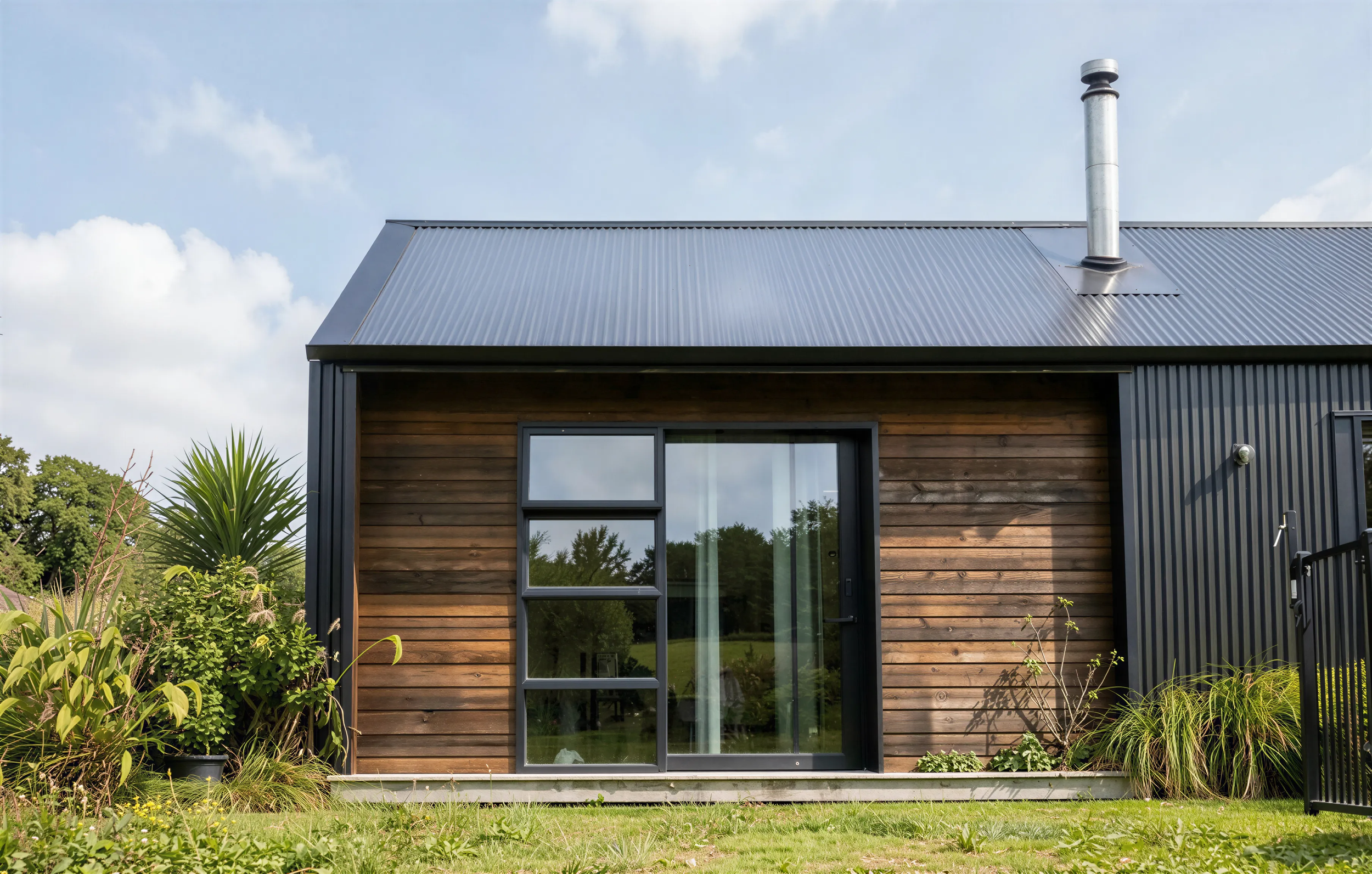 Exterior, corner view showing cedar weatherboard and metal cladding  on the roof


