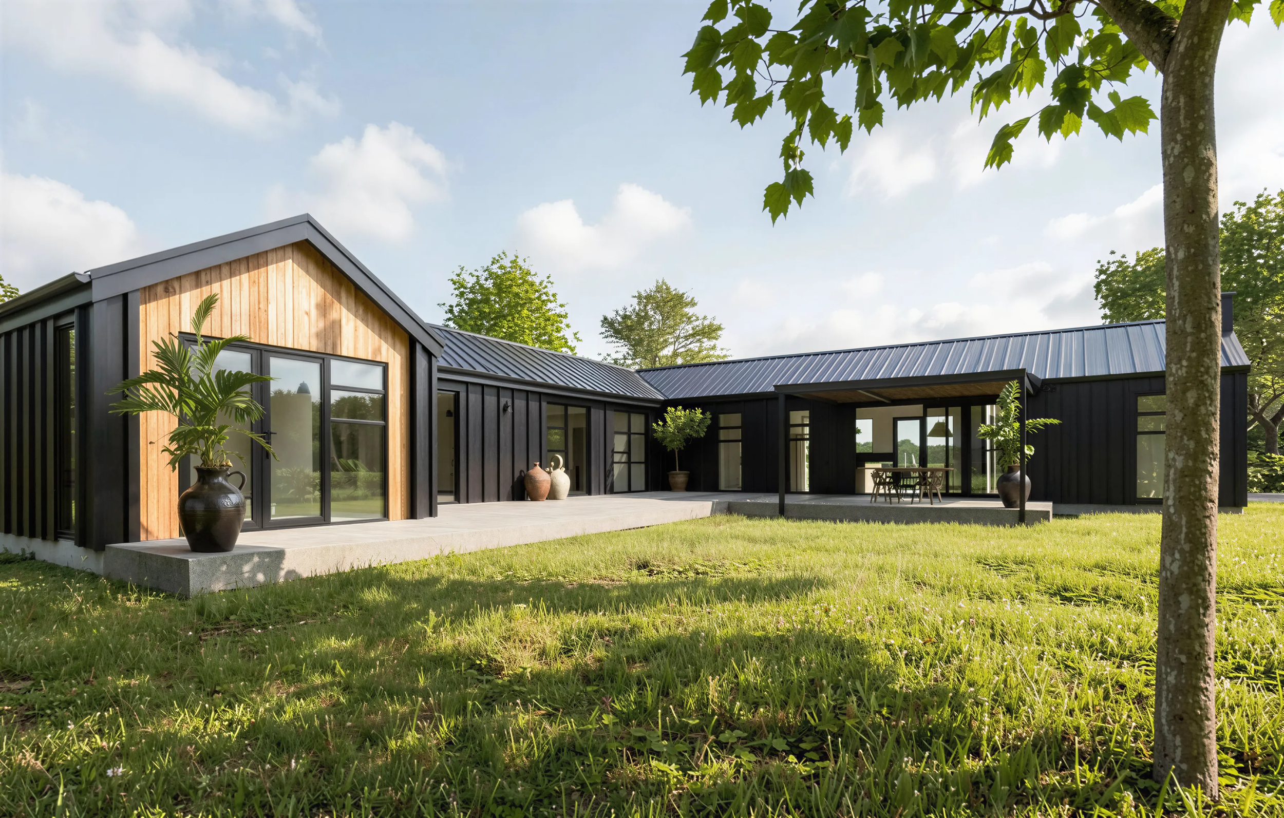 Single storey rural lifestyle home with gabled forms and Abodo timber cladding in open countryside
