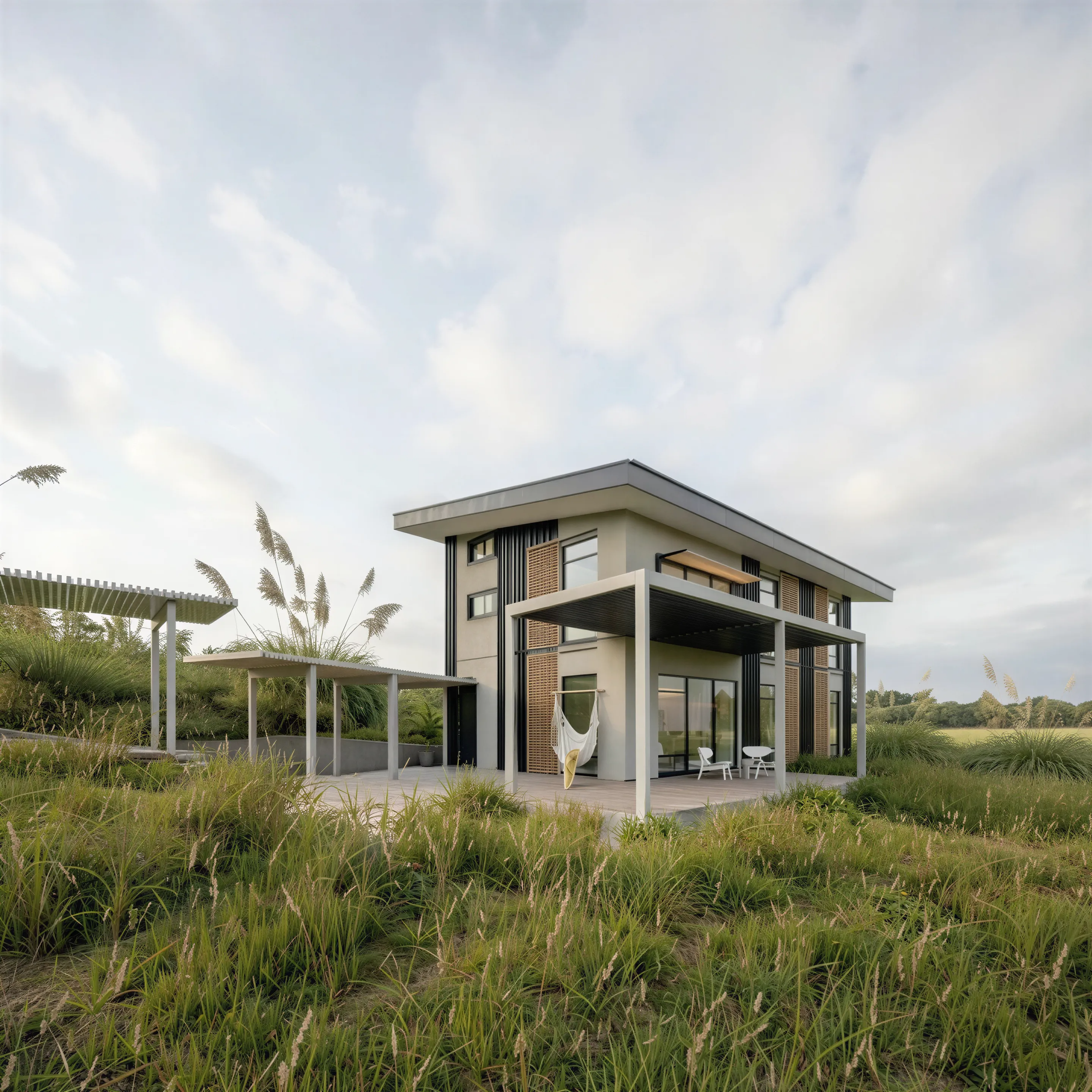 Exterior, angled view of the home set in open countryside with the box form and recessed windows