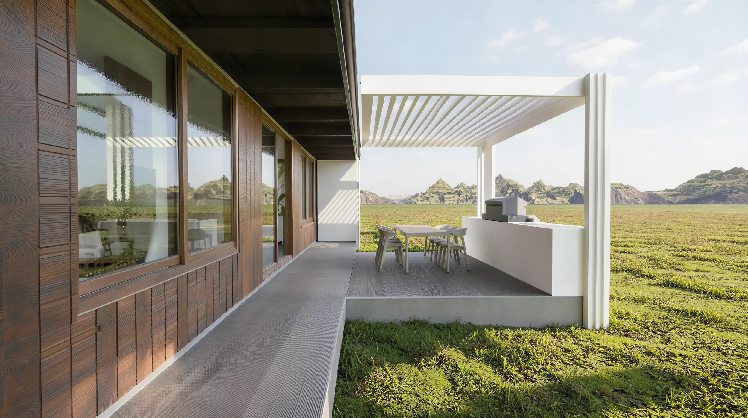 Sheltered patio and pergola overlooking garden and countryside at a passive solar family home
