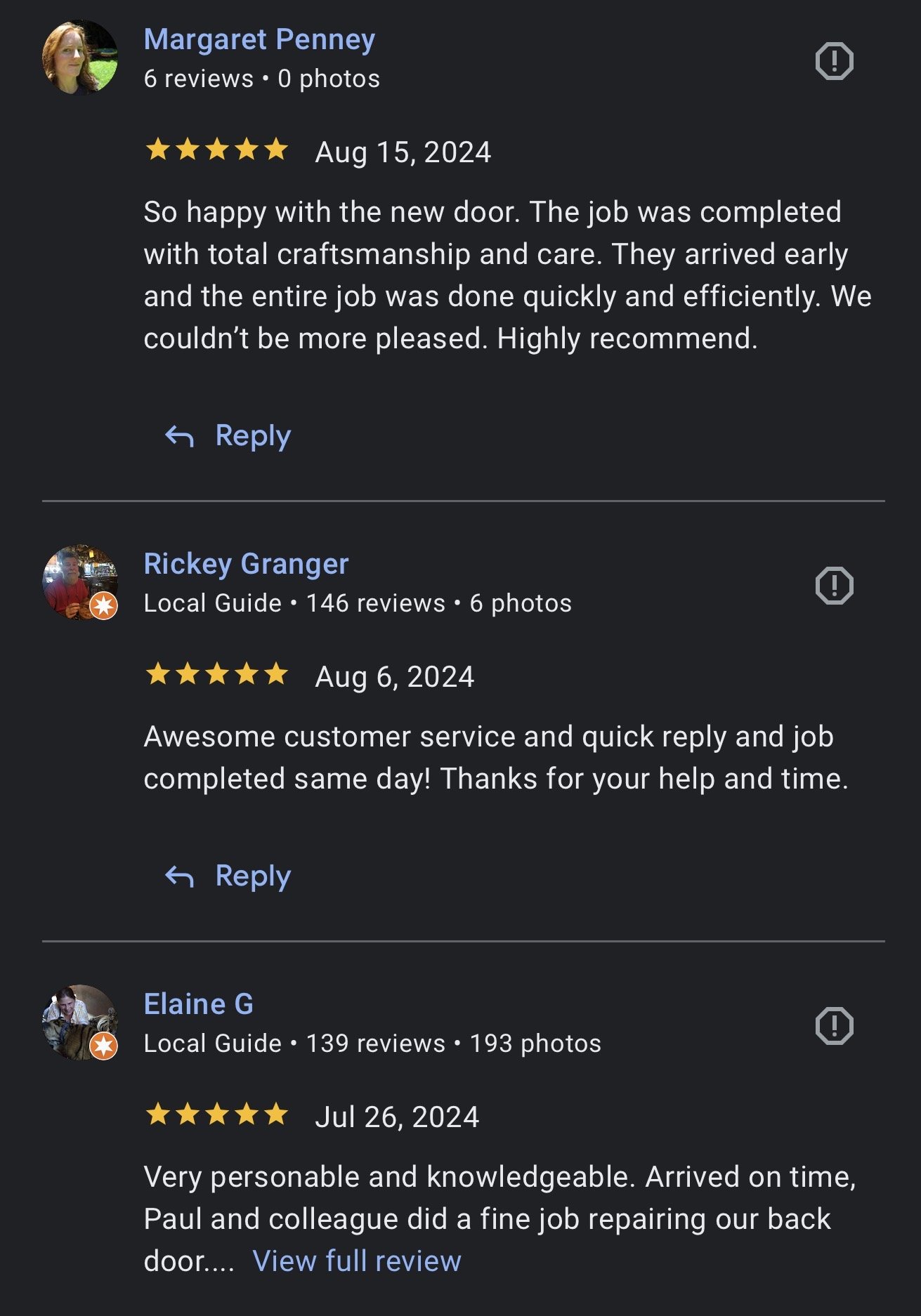 Screenshot of three customer reviews about a service, discussing craftsmanship, customer support, and punctuality.