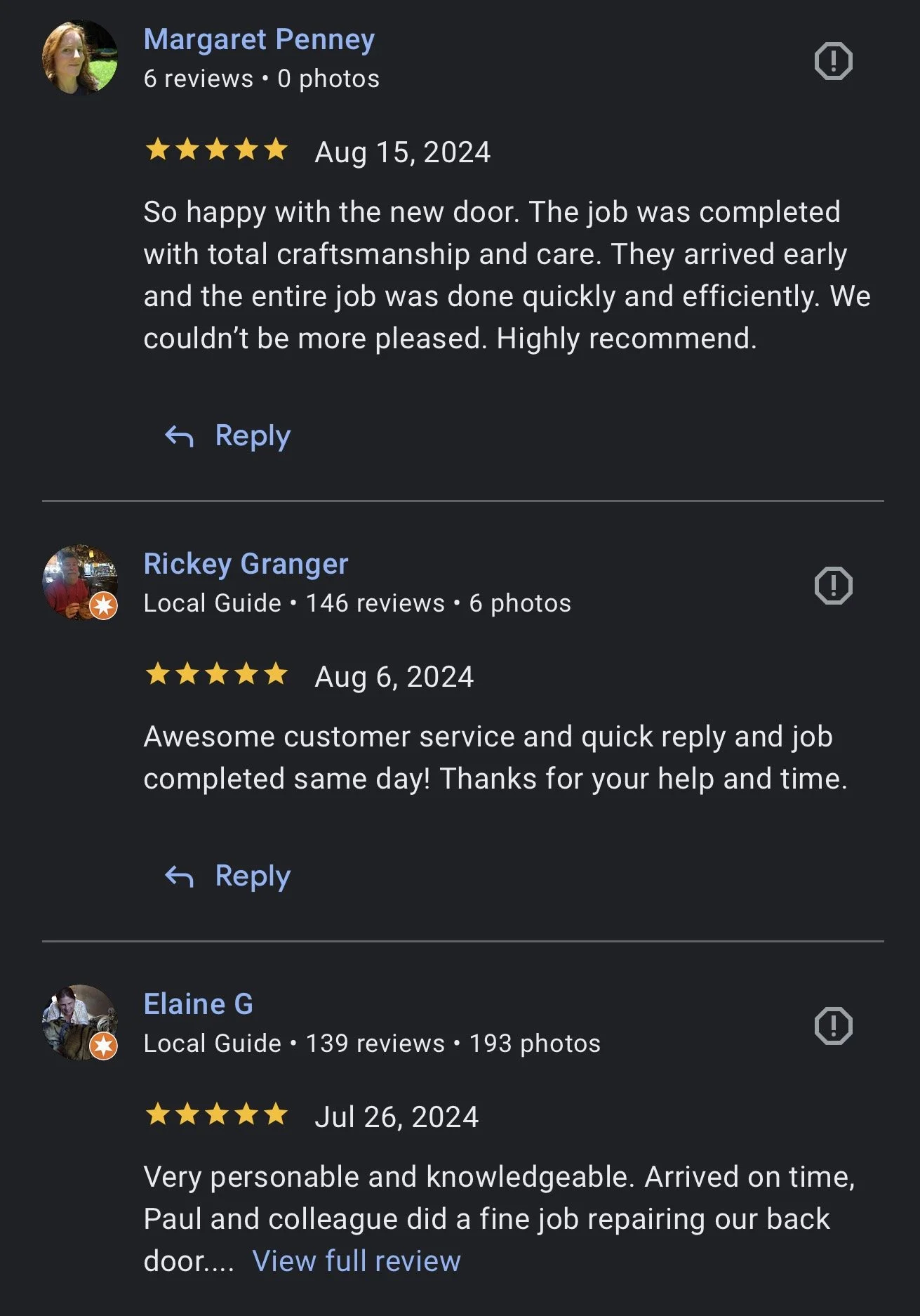 Screenshot of three online reviews with star ratings, dates, and comments about customer service and craftsmanship. The reviews praise timely service, professionalism, and high-quality work.
