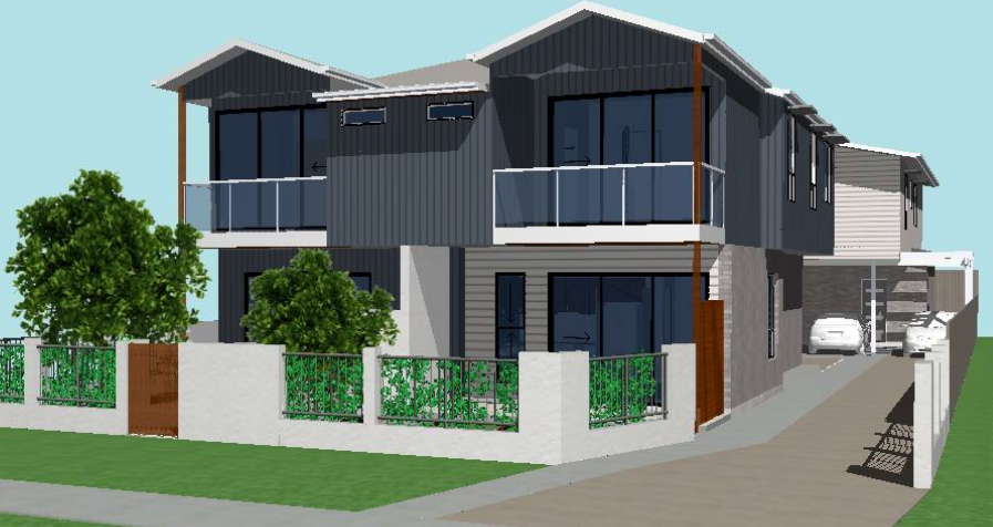 Modern two-story house with a gray exterior, front yard with green shrubs and trees, and a driveway with parked cars.