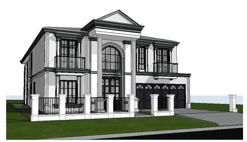 A digital architectural rendering of a two-story mansion with classical design elements, including large columns, arched windows, a balcony, and a gated front yard.