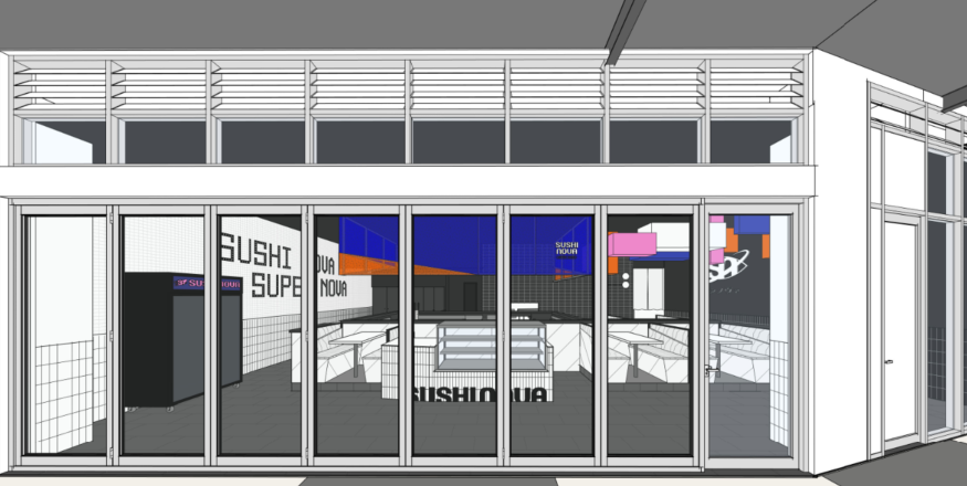 Digital rendering of a modern sushi restaurant with large glass windows and a view of the interior seating area.