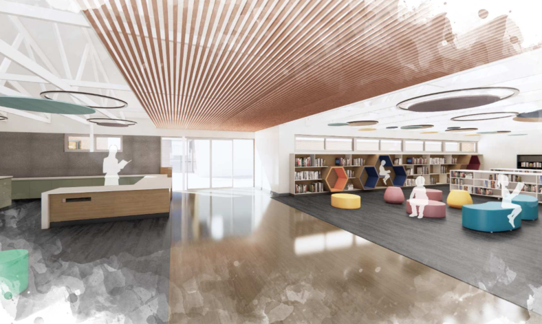 Modern library interior with seating, bookshelves, and contemporary ceiling design.