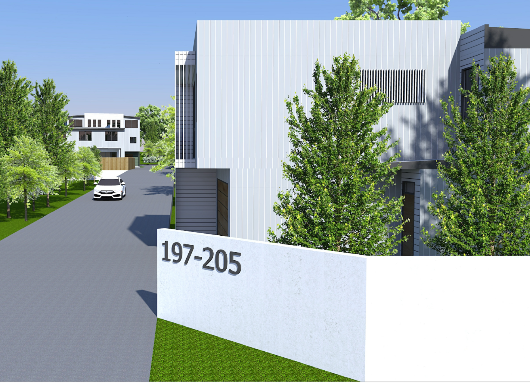 Rendering of modern residential buildings with a white car on a paved road, surrounded by green trees and a clear blue sky. The address 197-205 is displayed on a white partition.