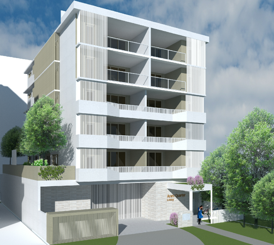 Modern white multi-story apartment building with balconies, surrounded by green trees and shrubs, with a person walking near the entrance labeled "Arari Quarter Lobby".