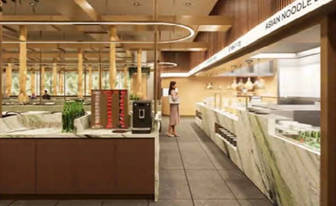 Interior of a modern restaurant with a buffet area and seating, featuring wooden accents and a sign that reads 'Asian Noodle'.