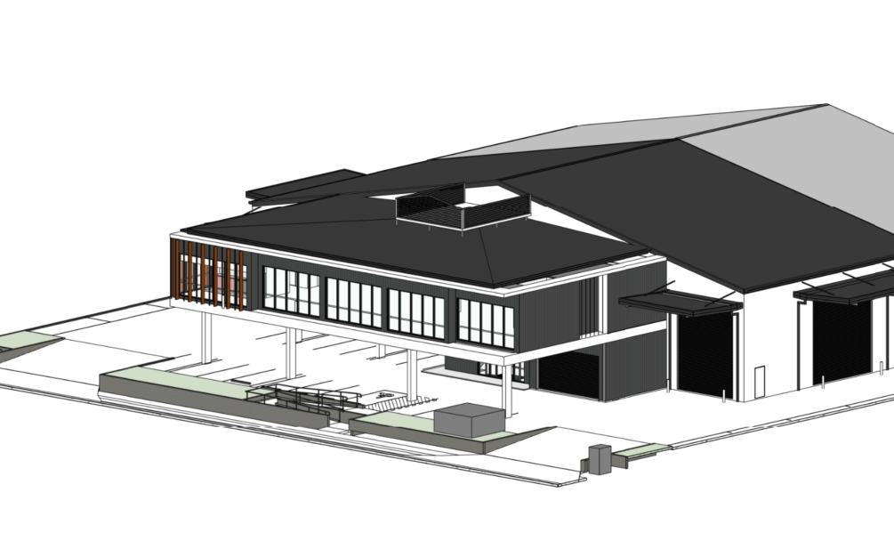 3D architectural drawing of a modern building with large windows, flat and sloped roofs, and an outdoor seating area