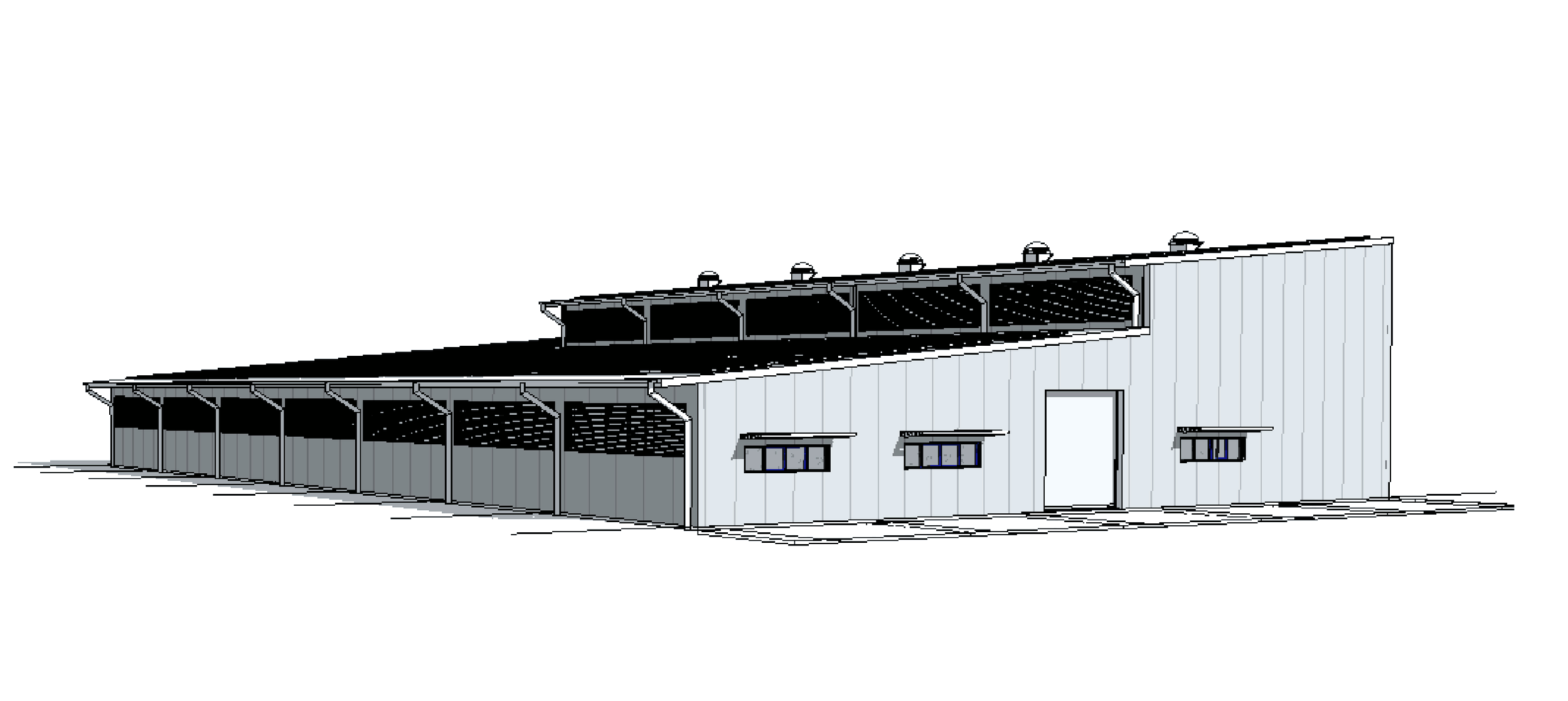 3D rendering of a large industrial building with a sloped roof, multiple windows, and open bays on the front side.